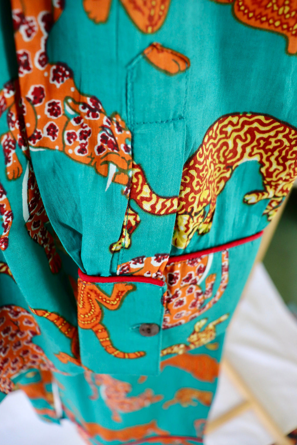 Cotton Pyjama Set: Orange Panther Print, Green Piping