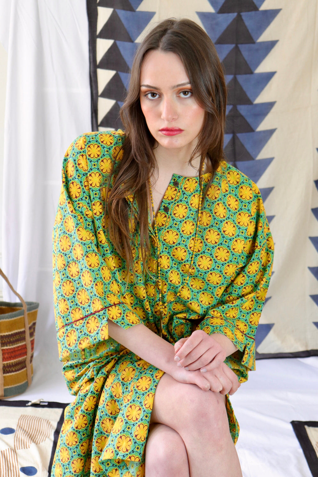Cotton Kaftan Shirt|dress Floral Print Tunic on a light green and yellow palette