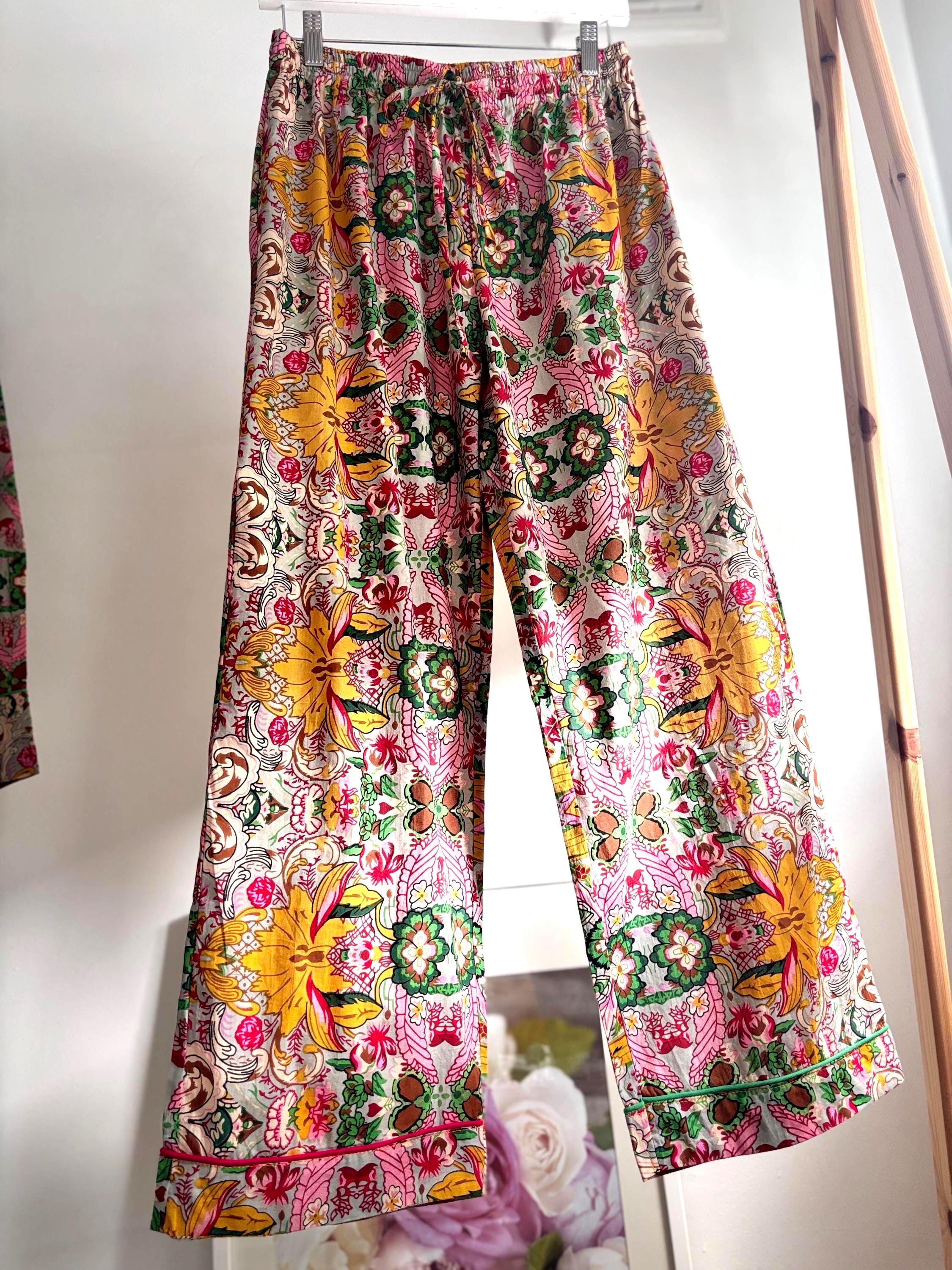 Woman Pyjama cotton Set  Yellow Prism Print and Contrast Piping long pants and sleeves