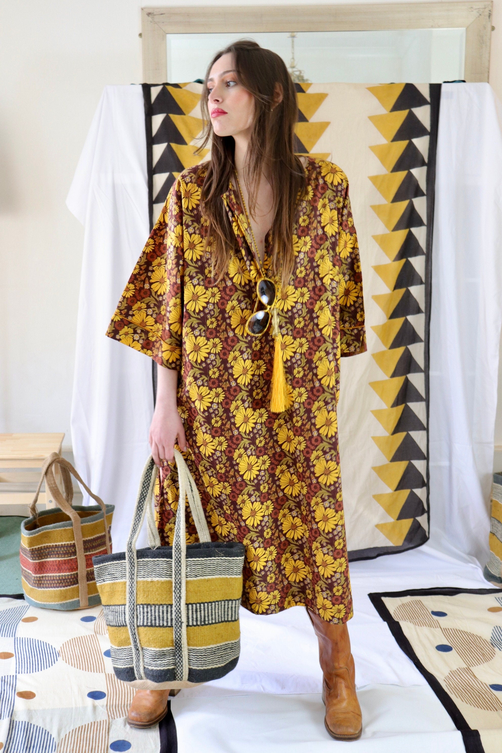 Floral Print Cotton Kaftan Tunic Dress