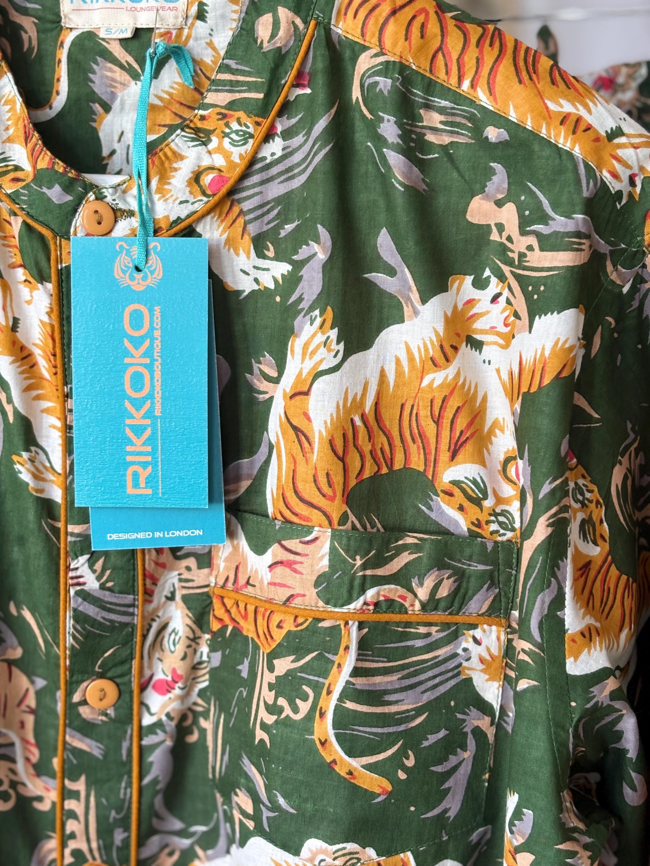 Men's Cotton Tiger Print Pajama Set: Black, Blue, Green