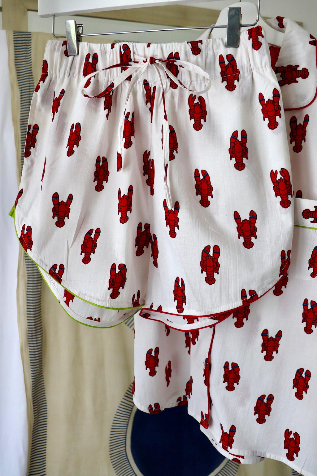 Lobster Print Cotton Pajama Set: Short Sleeve Top & Shorts with Piping