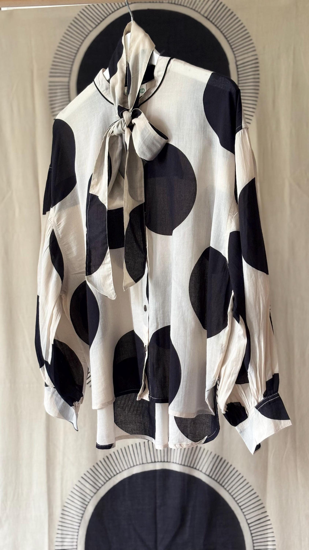 Oversized Cotton Polka Dot Blouse: Pussy Bow, Long Sleeves