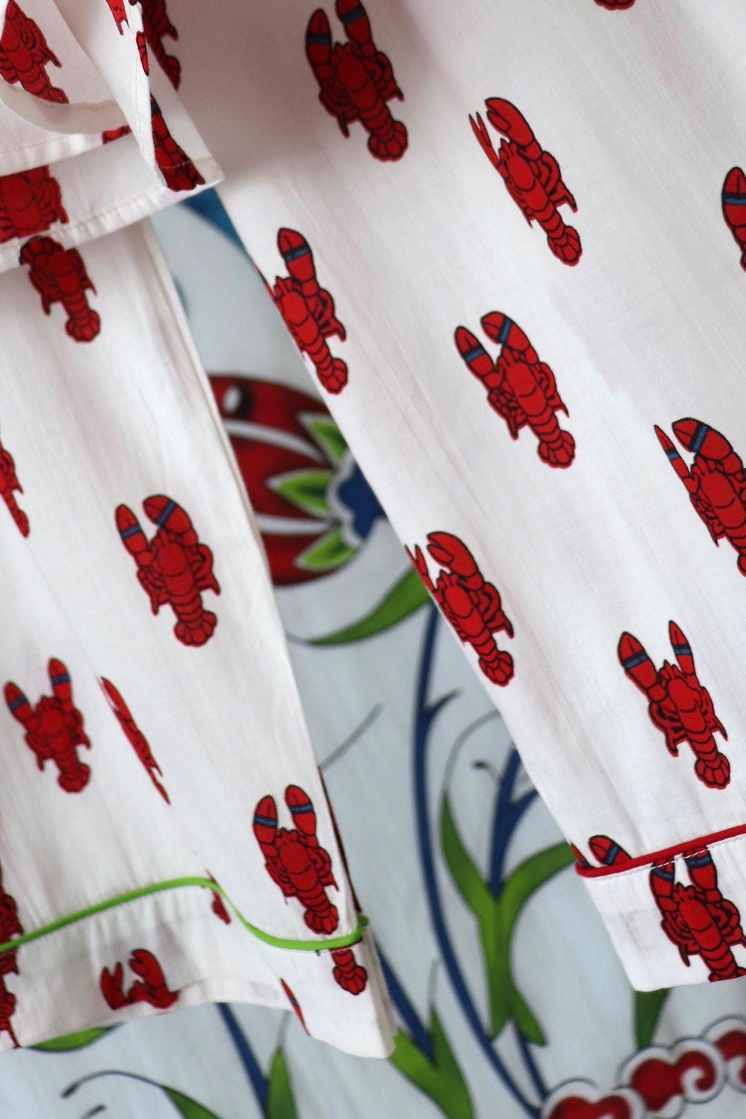 Lobster Print Cotton Pyjama Set: Long Sleeve Coastal Loungewear