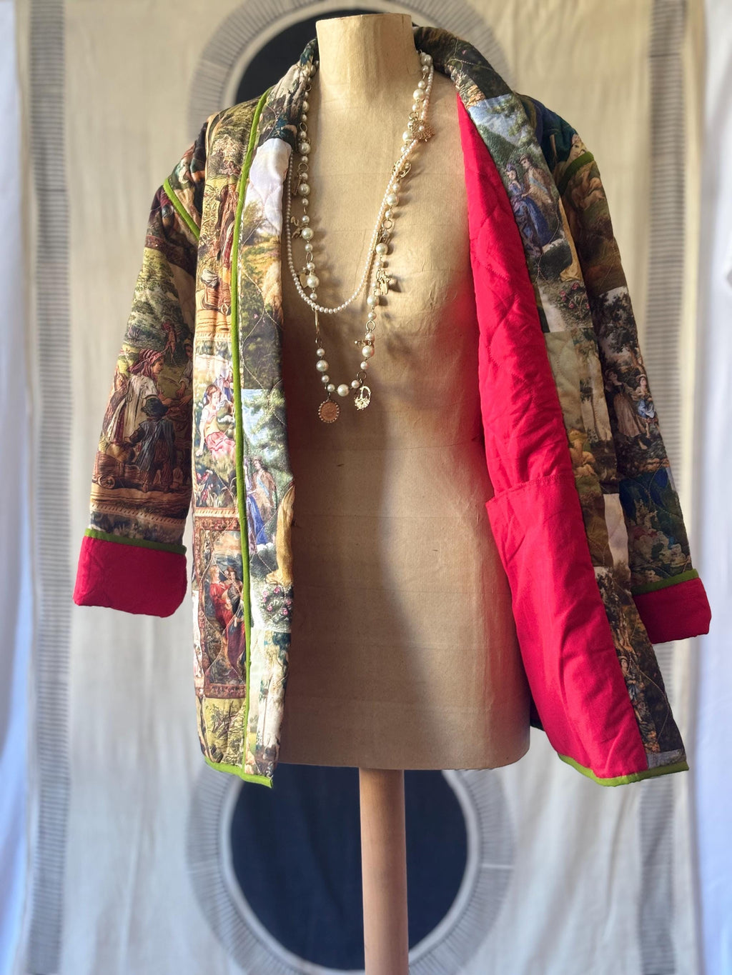 Padded Robe Jacket: Romantic Painting Print, Green/Yellow Piping in cotton and digital print