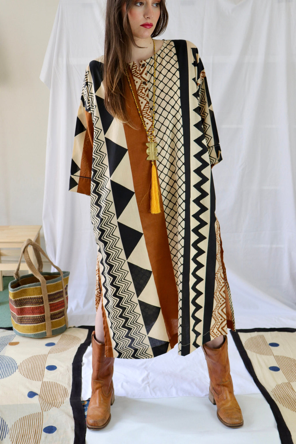 Floral Print Cotton Kaftan Tunic Dress