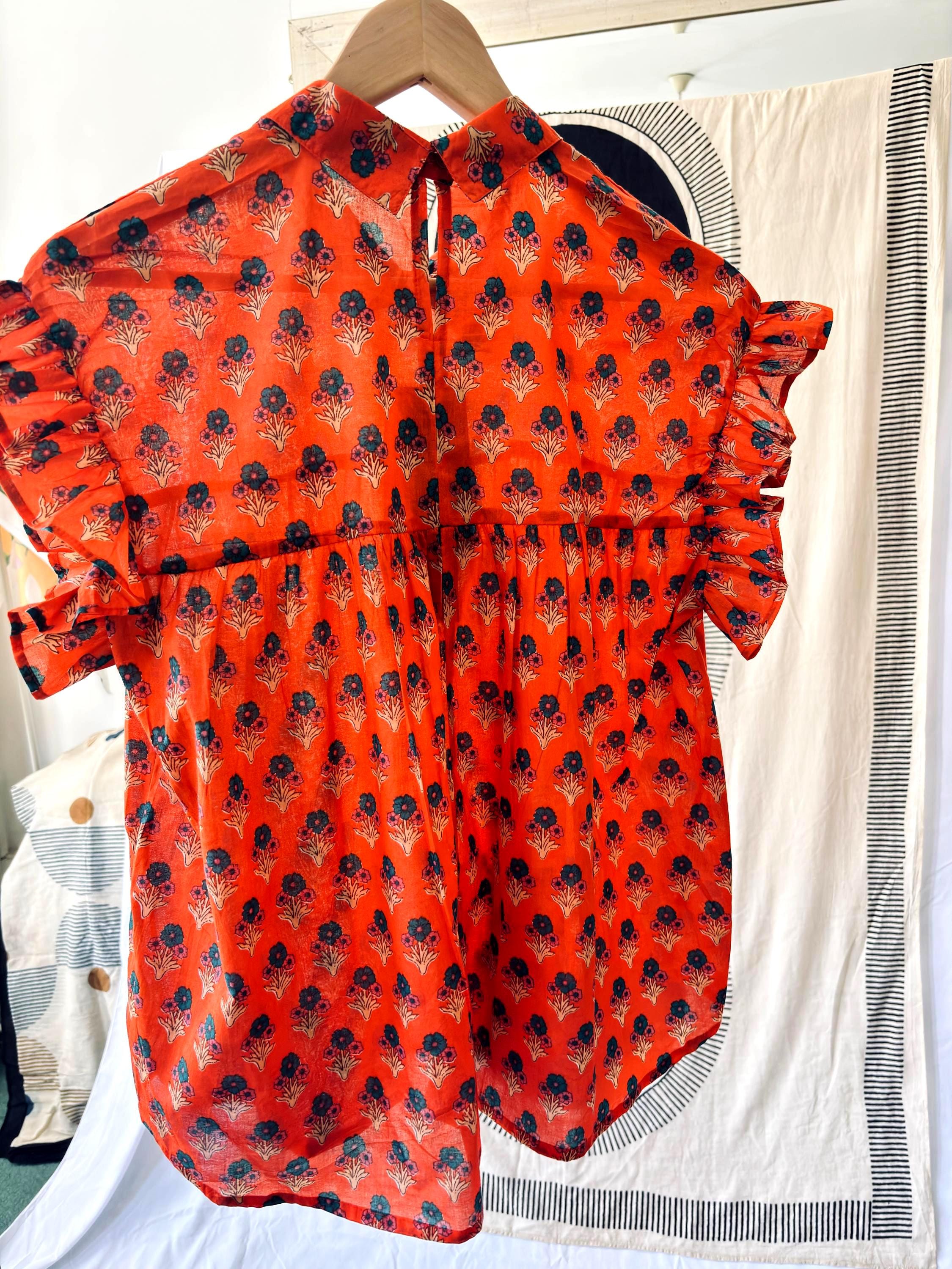 Floral blouse | 100% cotton sleeveless summer block print | orange | blue | cream