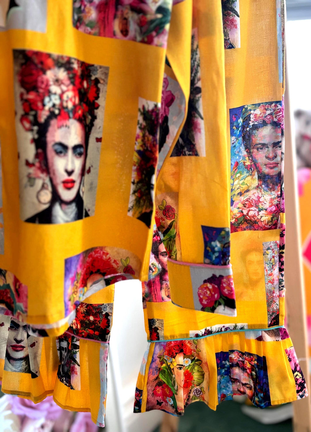 Frida Kahlo Cotton Pyjama frills Set: Yellow Portrait Print Loungewear