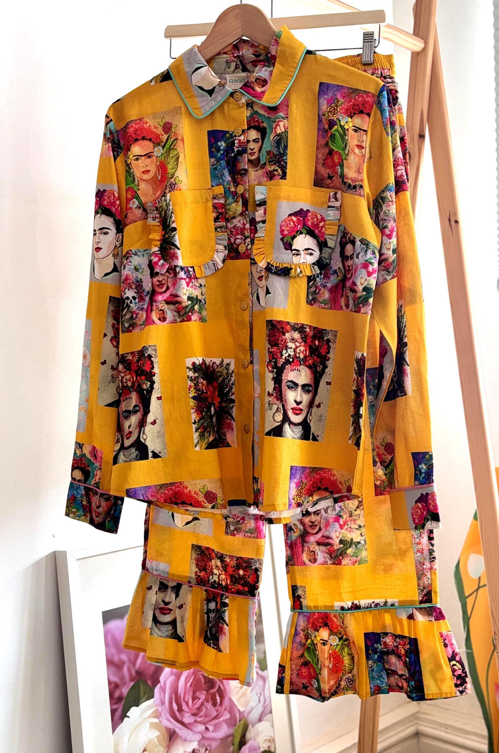 Frida Kahlo Cotton Pyjama frills Set: Yellow Portrait Print Loungewear