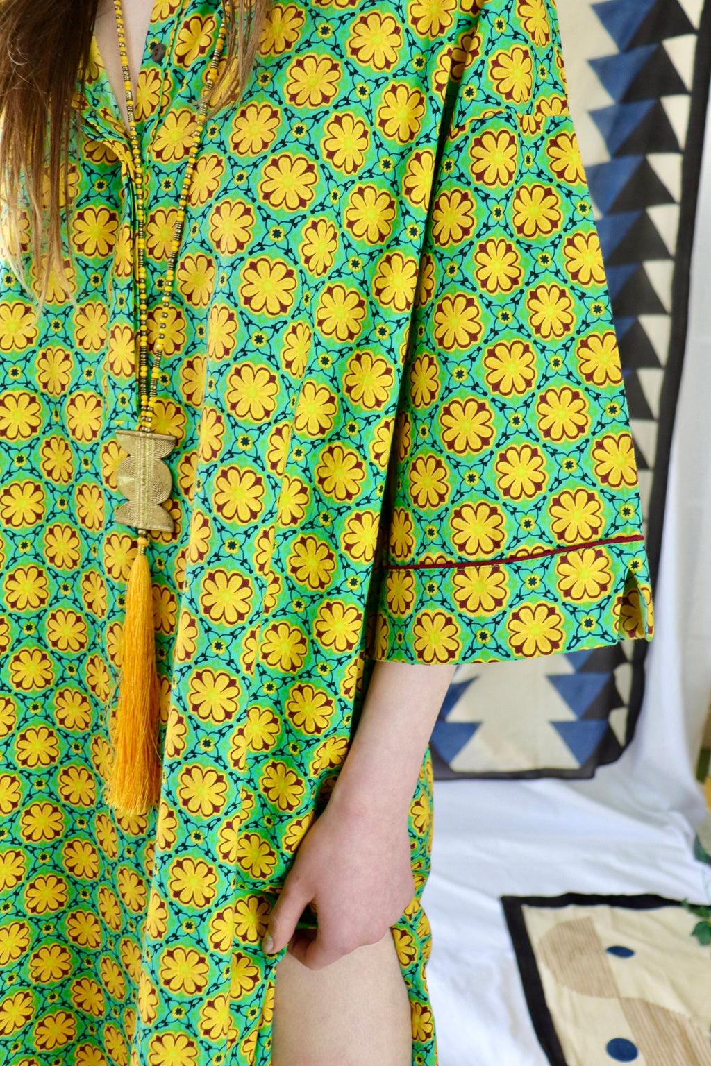 Cotton Kaftan Shirt|dress Floral Print Tunic on a light green and yellow palette