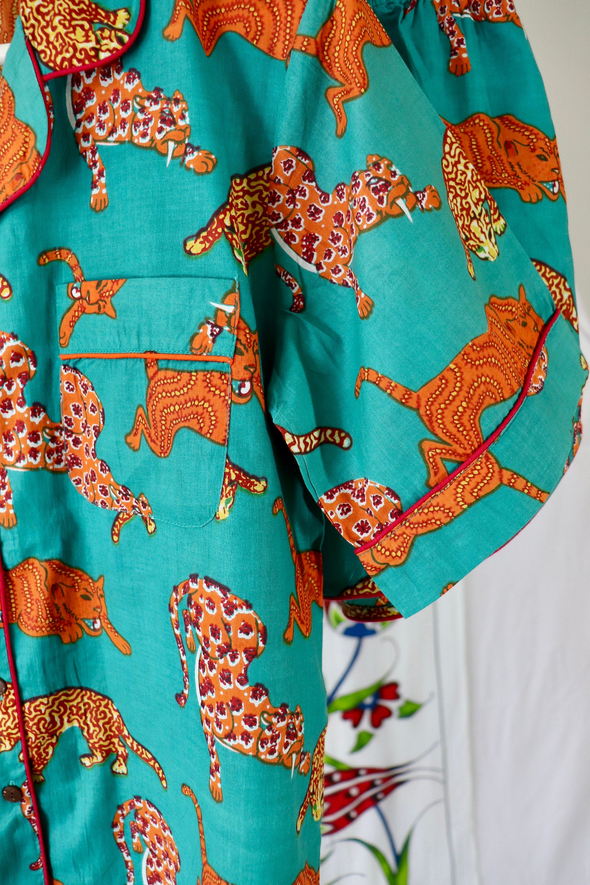 Cotton Pyjama Set: Green Orange Panther Print, Short Sleeve Piped Loungewear