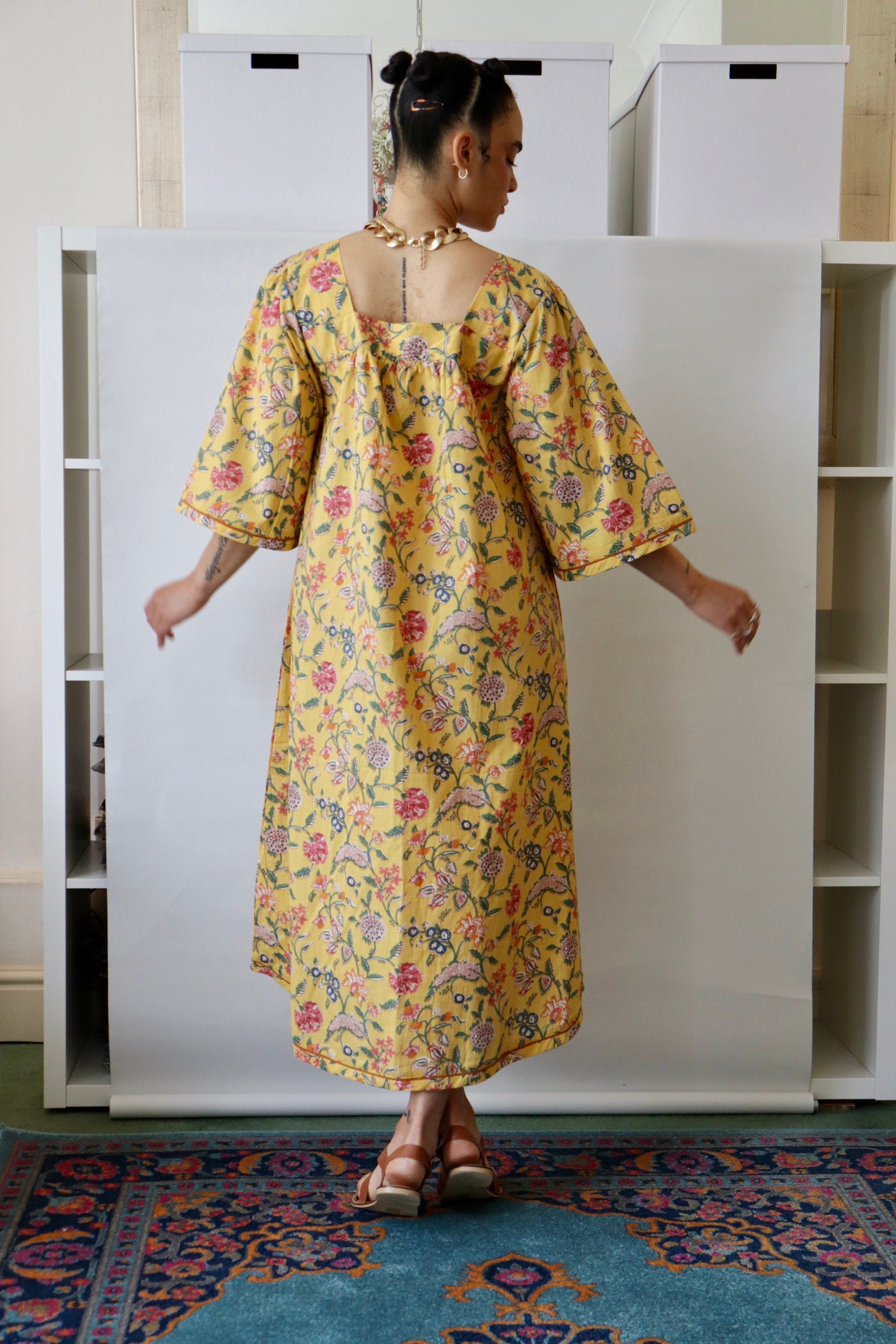 Floral Cotton Summer Dress: Yellow Block-Print Lounge Dress