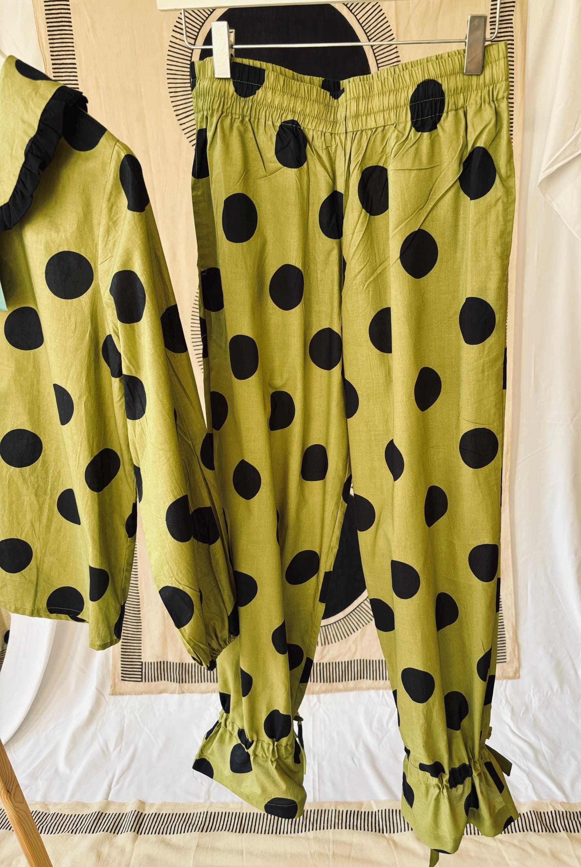 woman Victorian Style Cotton Pyjama  Set black Polka Dot  on a lime green base