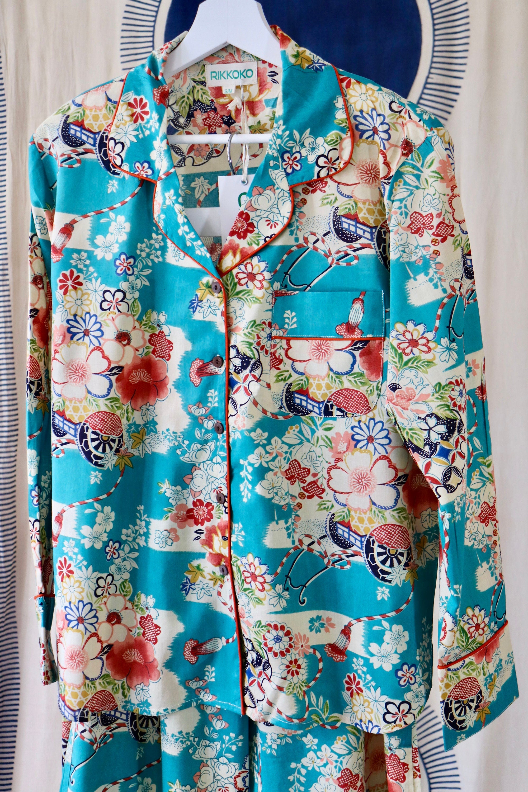 Cotton WOAMAN  PYJAMA  Set BLUE  Sky Print Floral Japanese
