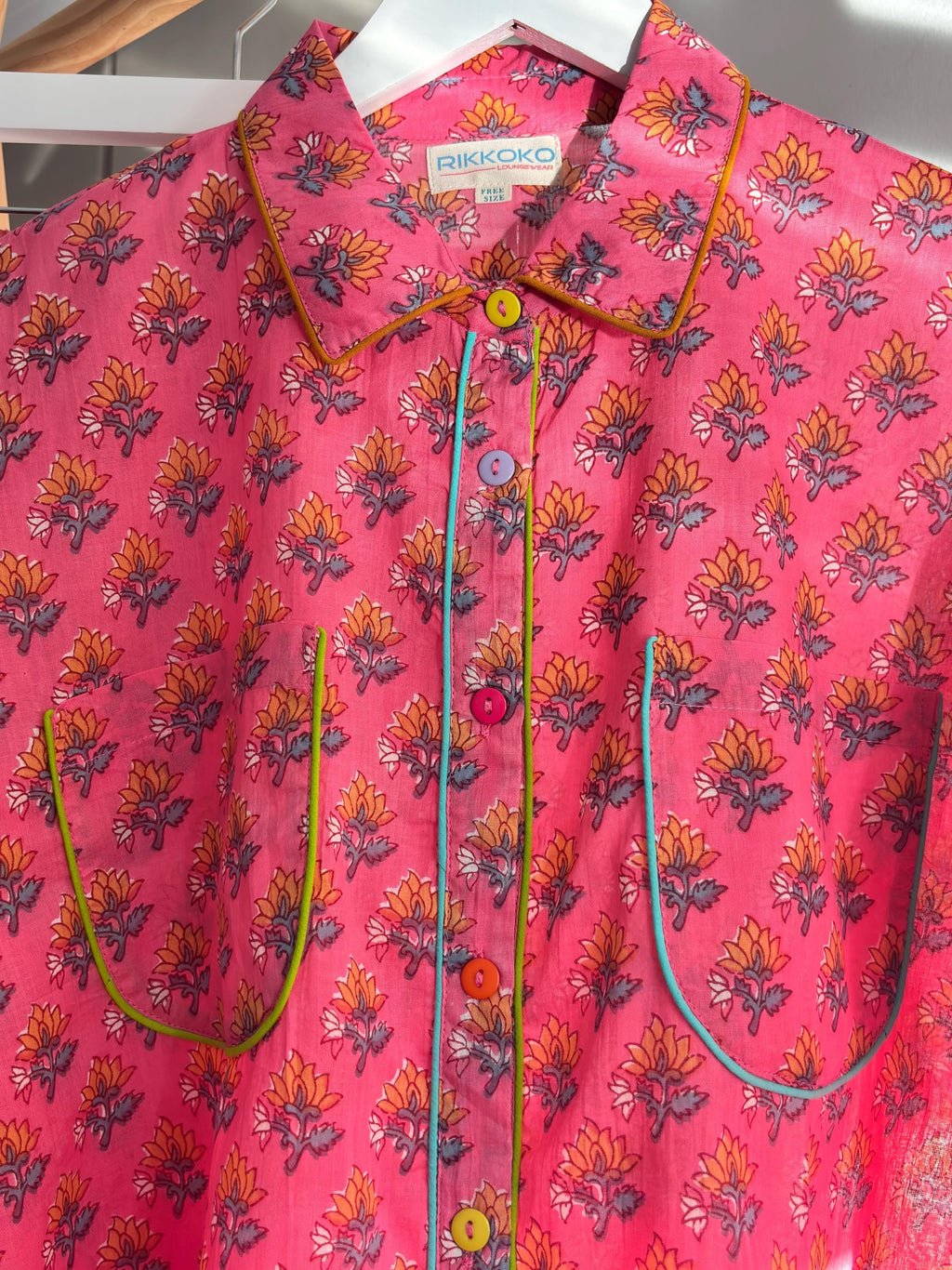 pyjama woman set coordinate  light cotton with yellow  flower on pink base