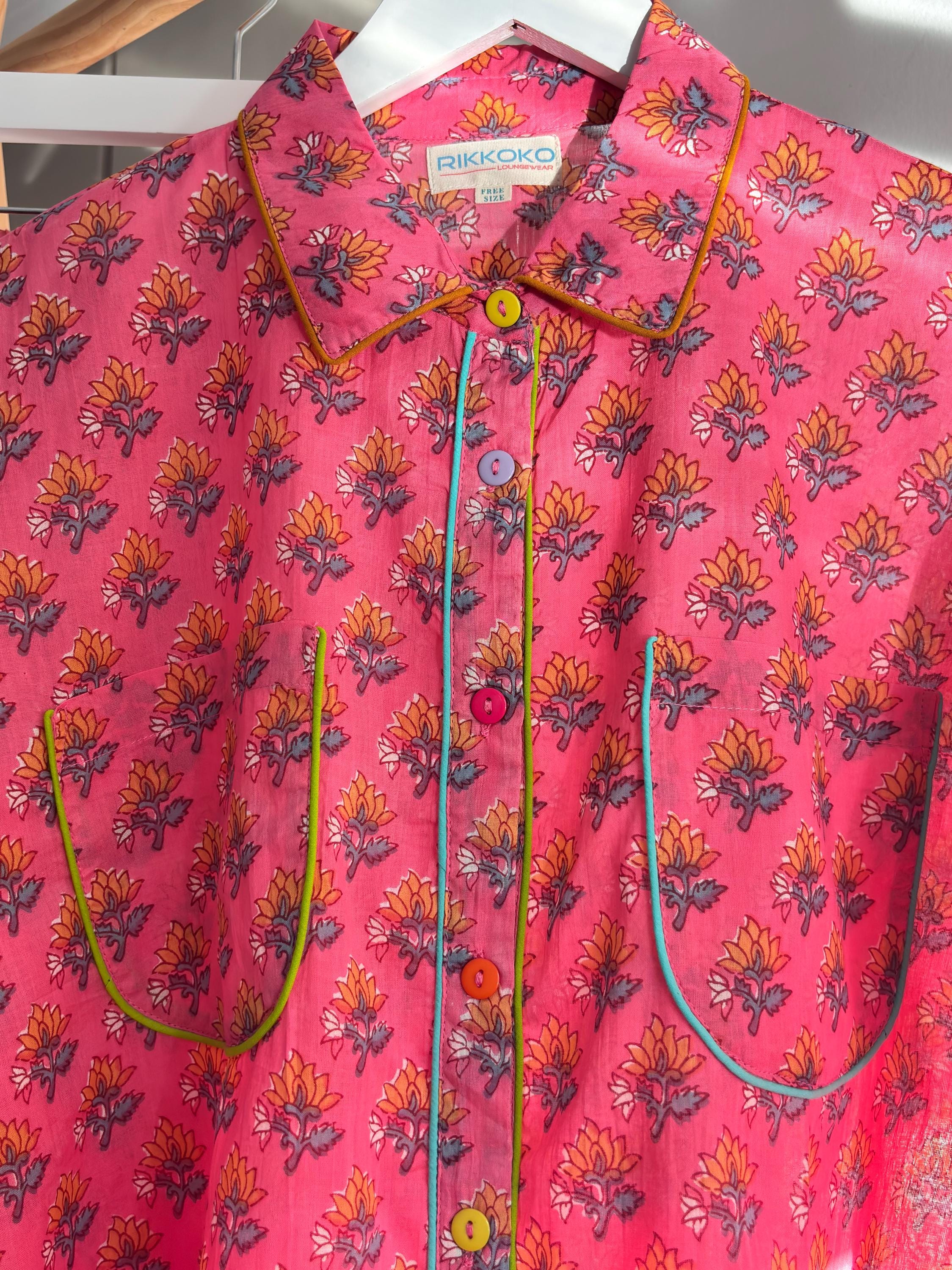 pyjama woman set coordinate  light cotton with yellow  flower on pink base