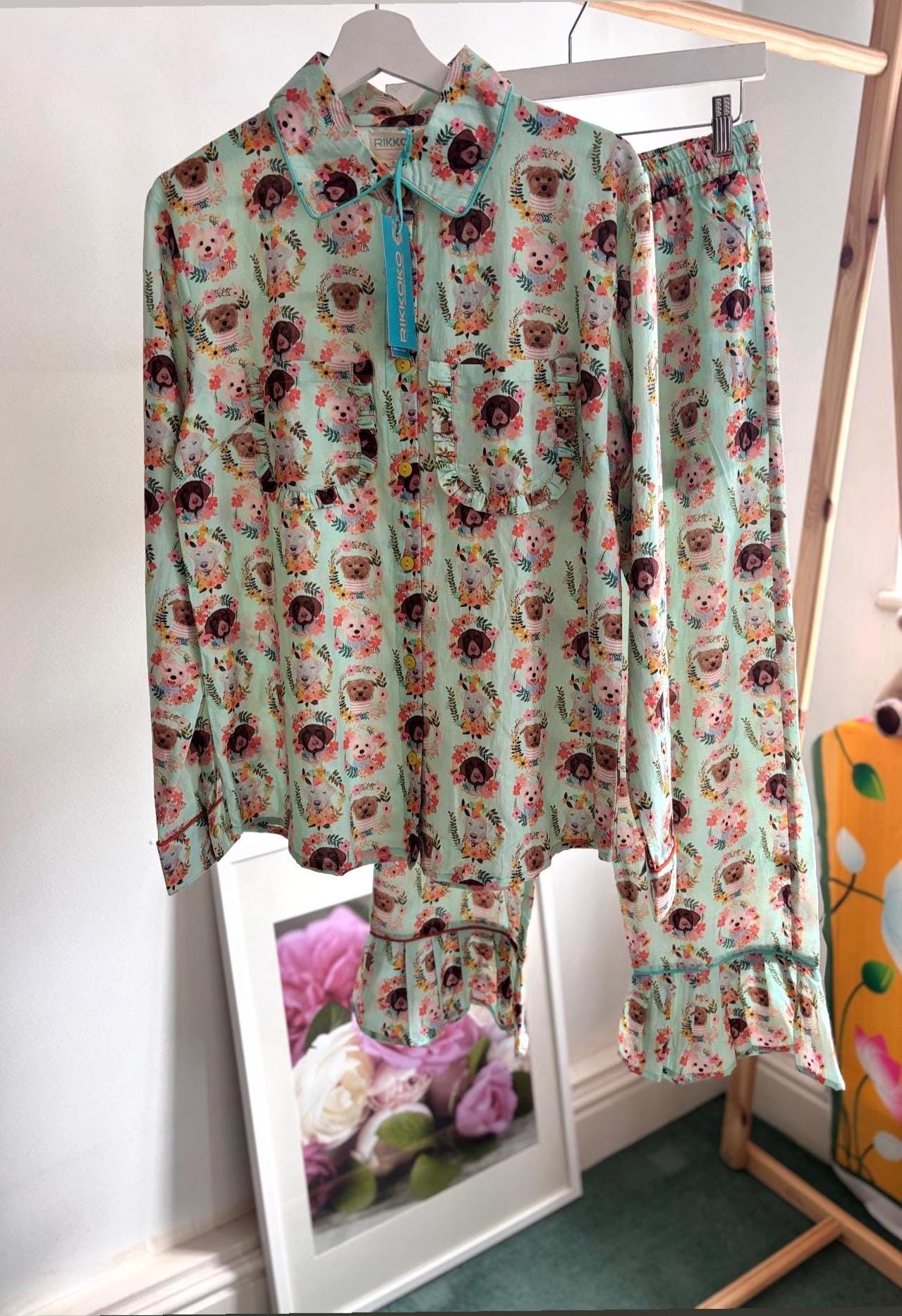 Pyjama cotton set coordinate  with frills  and pocket on quirky  DOGS PUPPY  print