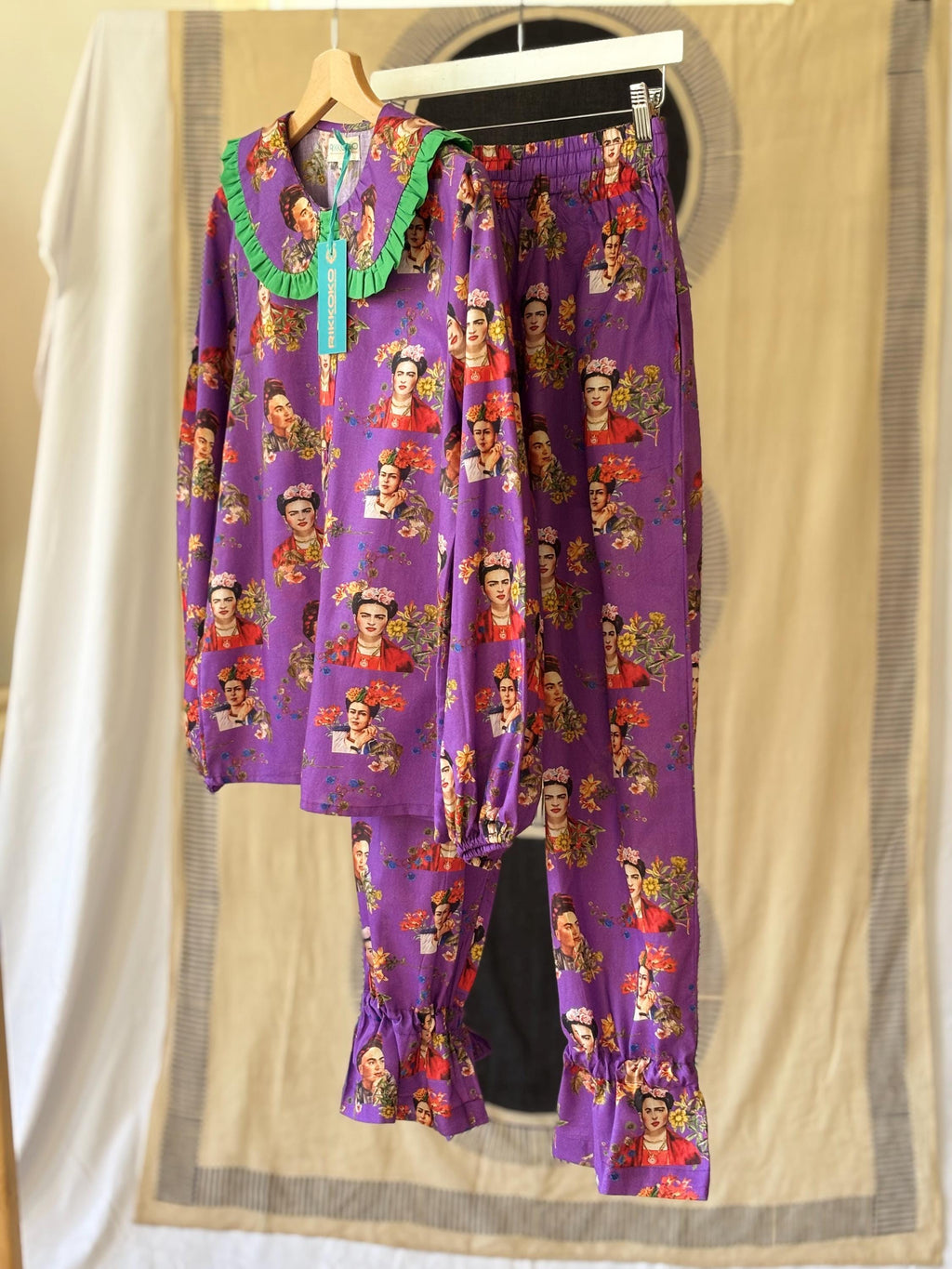 woman Victorian Style Cotton Pyjama  Set black Polka Dot  on a lime green base