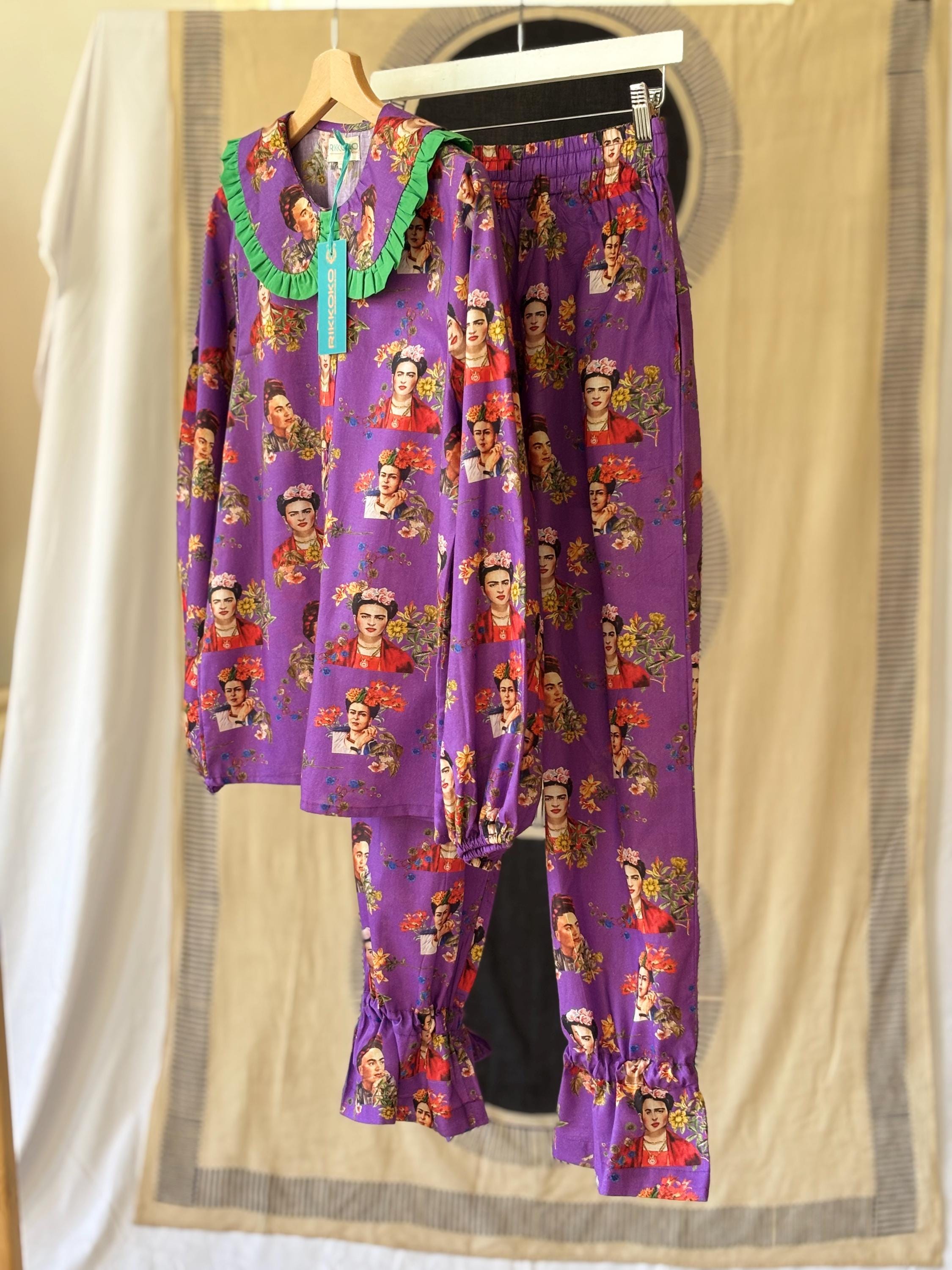 woman Victorian Style Cotton Pyjama  Set black Polka Dot  on a lime green base