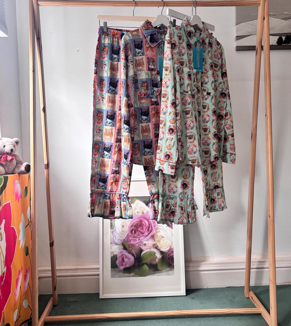 Pyjama cotton set coordinate  with frills  and pocket on quirky  DOGS PUPPY  print