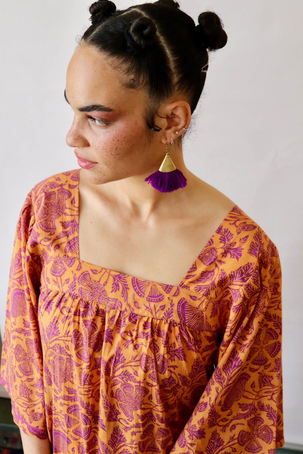 Floral Cotton Summer Dress: Block Print Lounge Dress with Sleeves