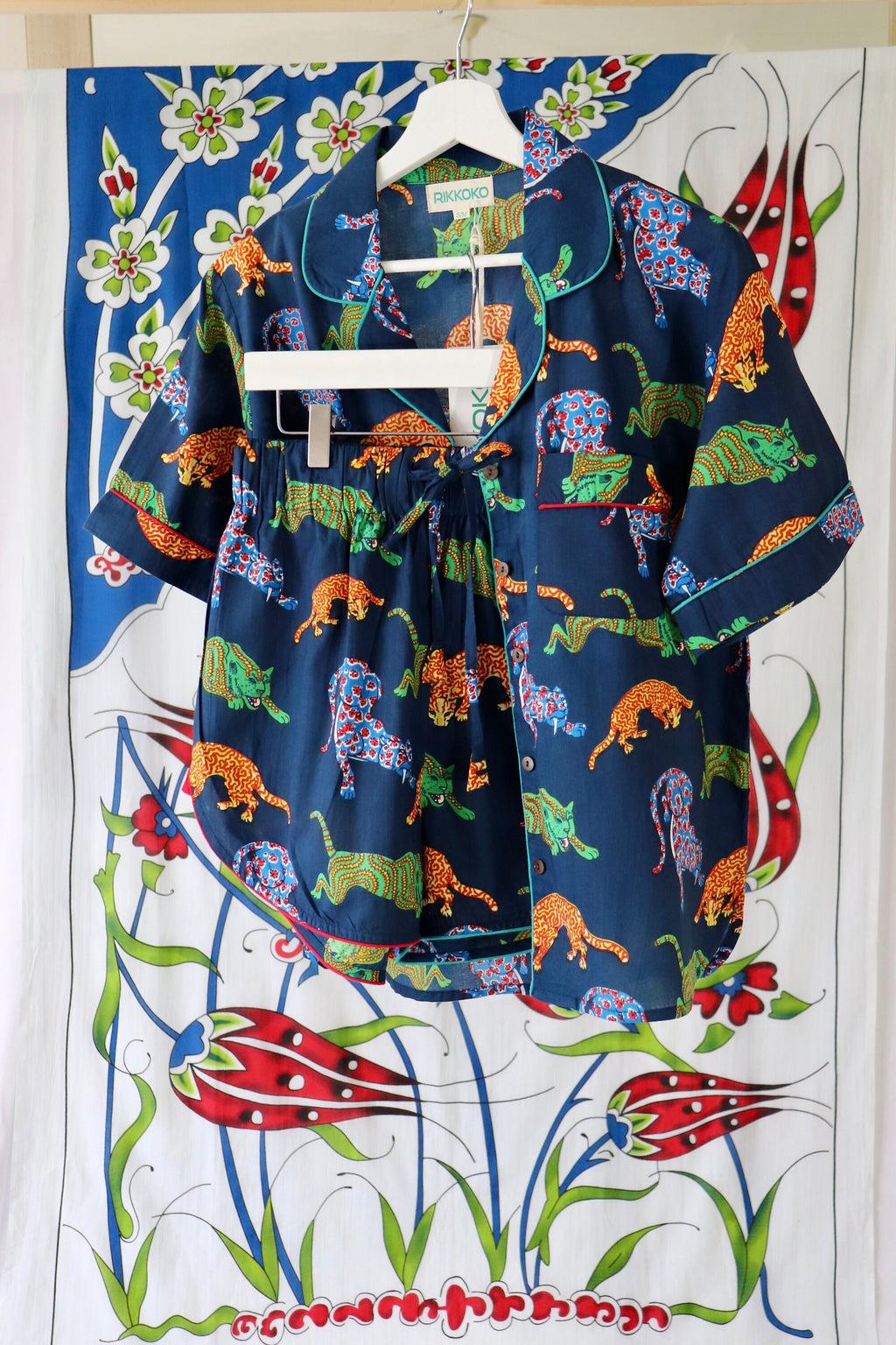 Cotton Pyjama Set: Navy Blue Panther Print, Short Sleeve Loungewear