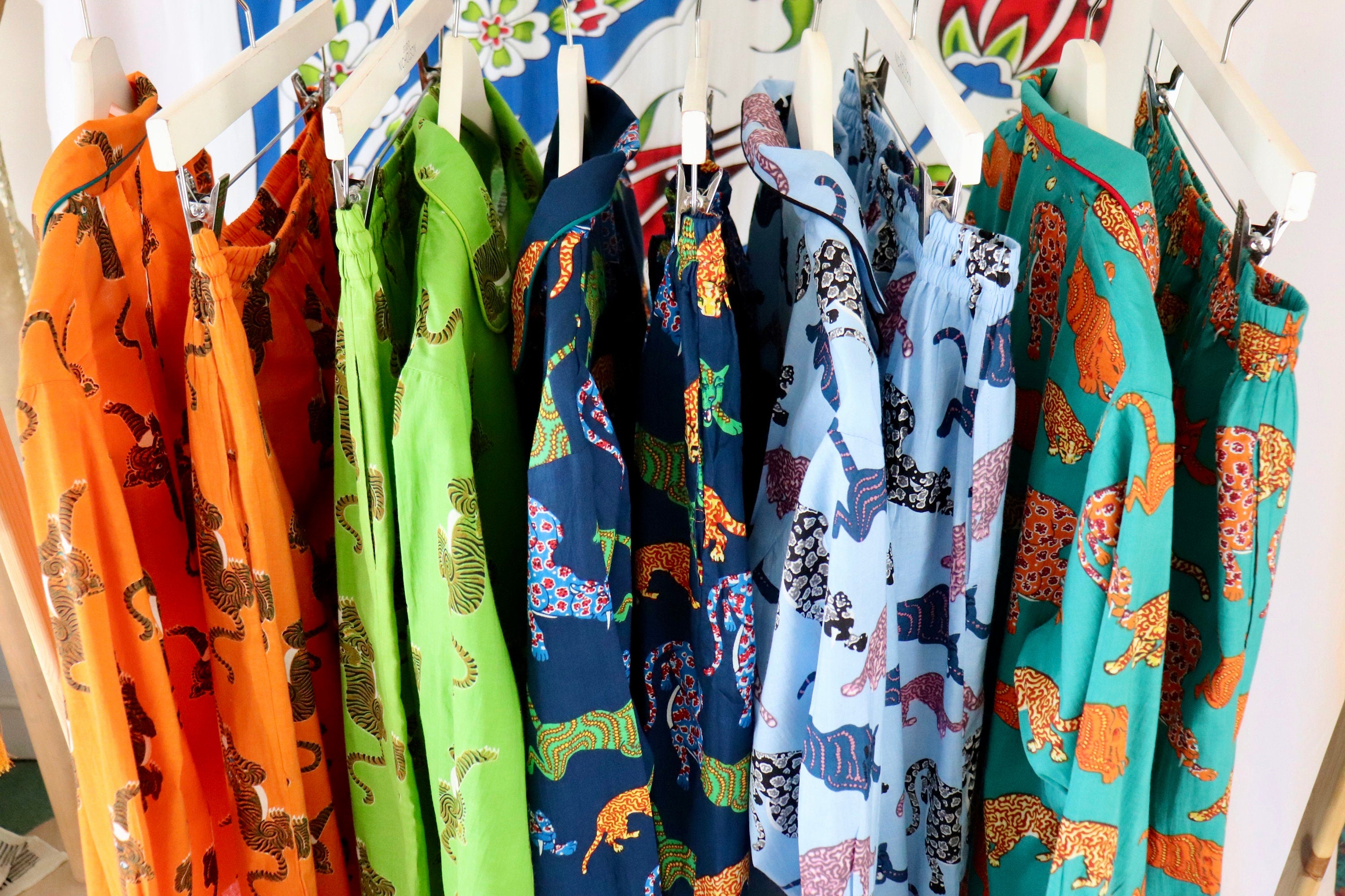 Pyjama set woman in pure cotton Tigers inspired print,  long pants and long sleeves with pockets and pipping on a Hermes Orange