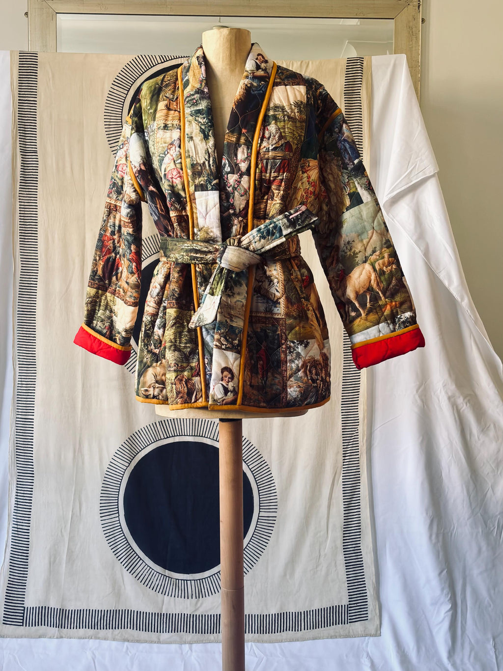 Padded Robe Jacket: Romantic Painting Print, Green/Yellow Piping in cotton and digital print