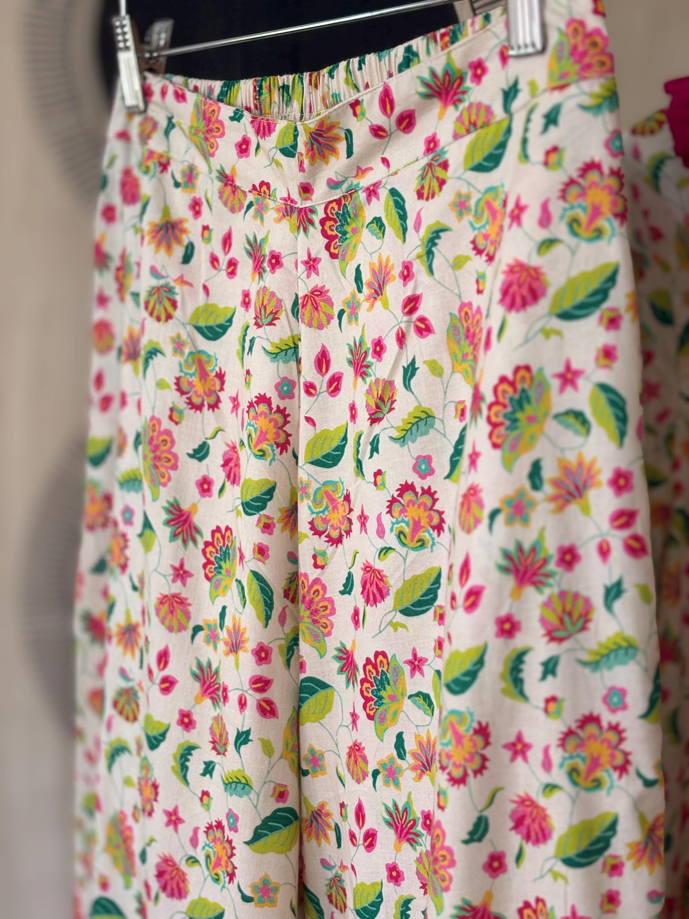 Victorian Floral Cotton Pyjama Set: Magenta Ruffle Trim