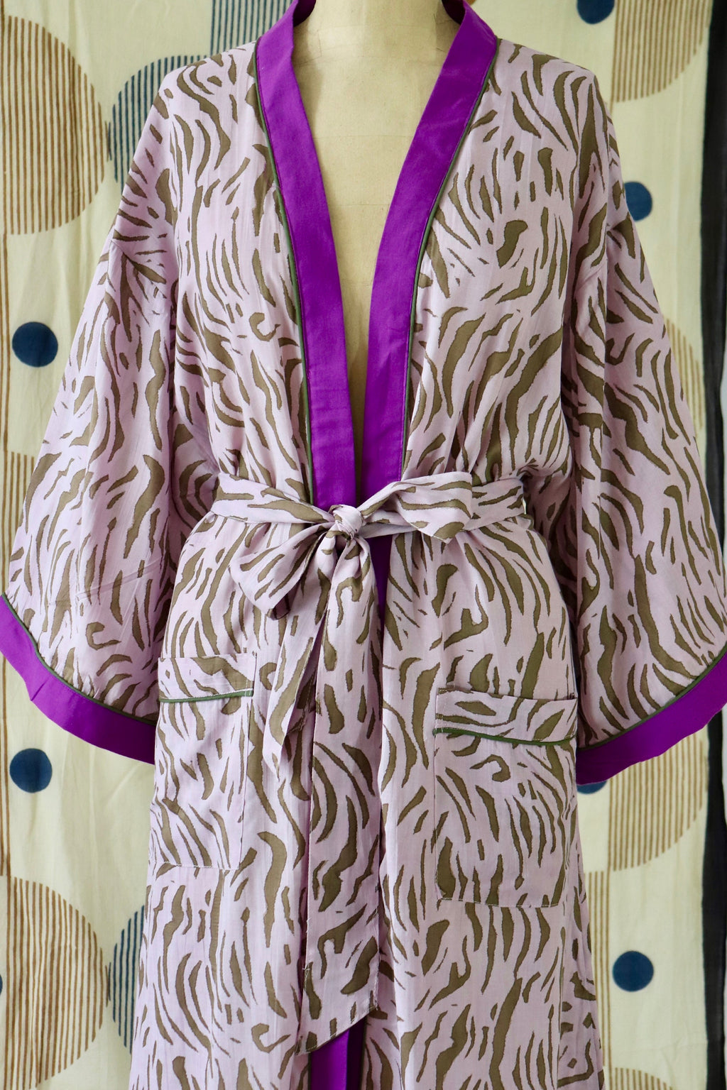 Animal Print Cotton Kimono Robe: Handmade Violet Loungewear