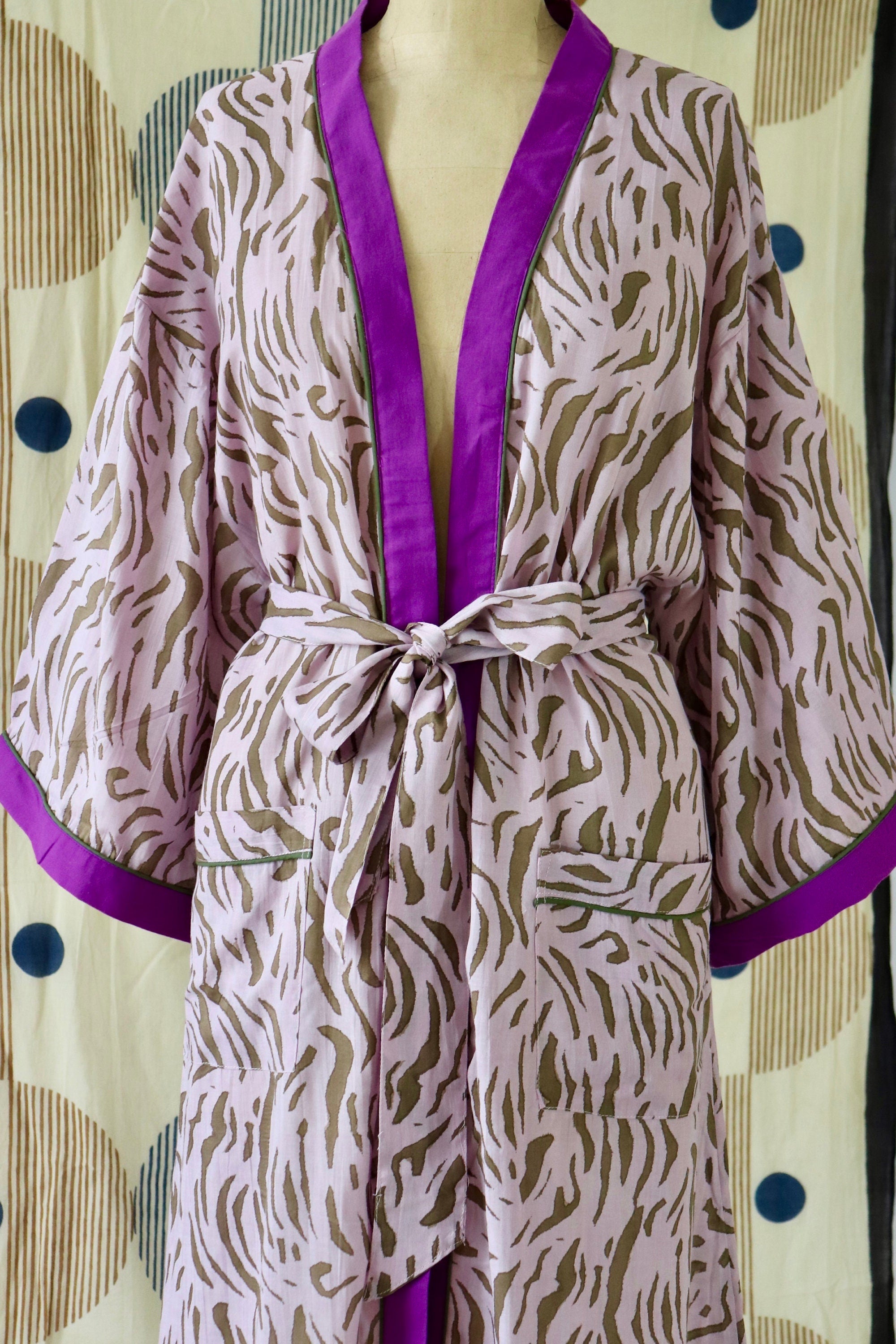 Animal Print Cotton Kimono Robe: Handmade Violet Loungewear