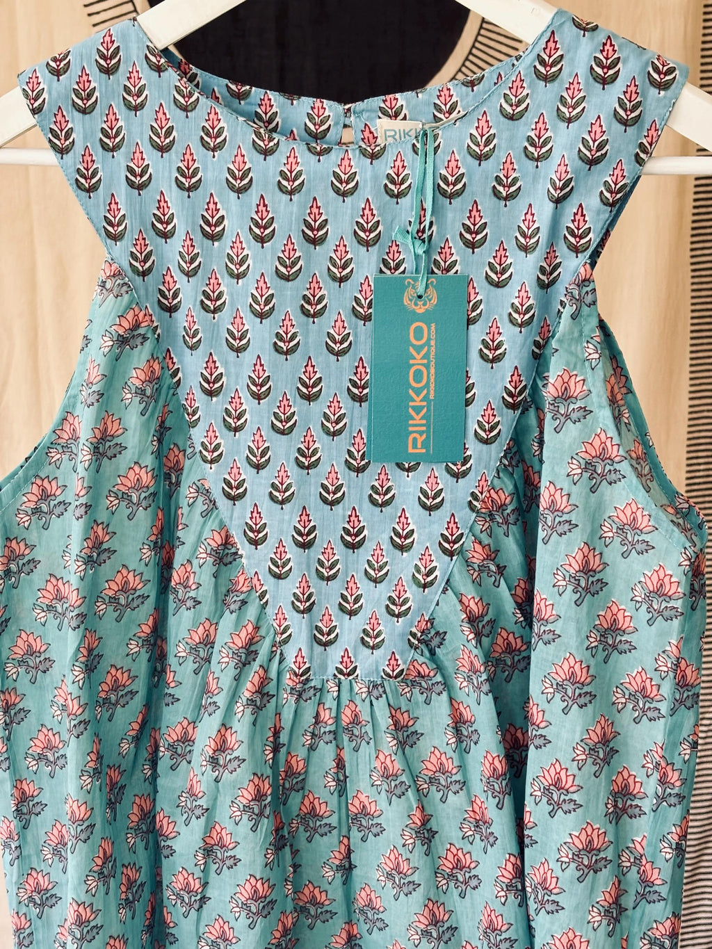 Floral Block Print Cotton Coordinate Set: Sleeveless Top & High-Waisted Pants