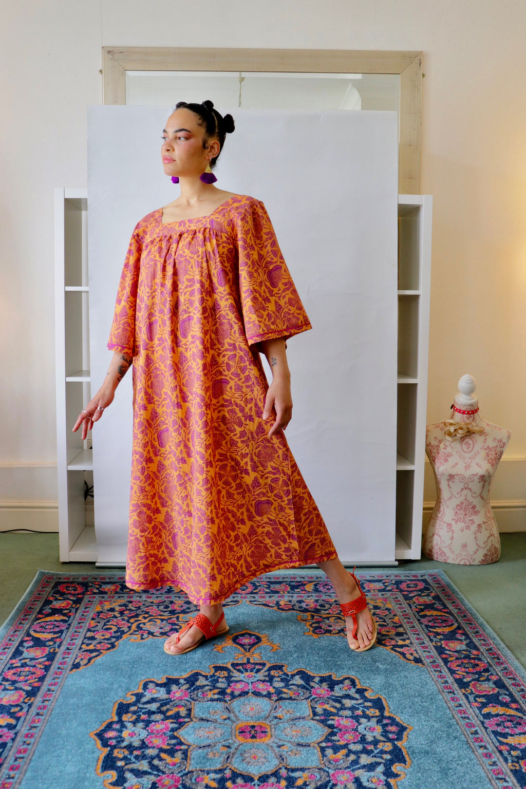 Floral Cotton Summer Dress: Block Print Lounge Dress with Sleeves