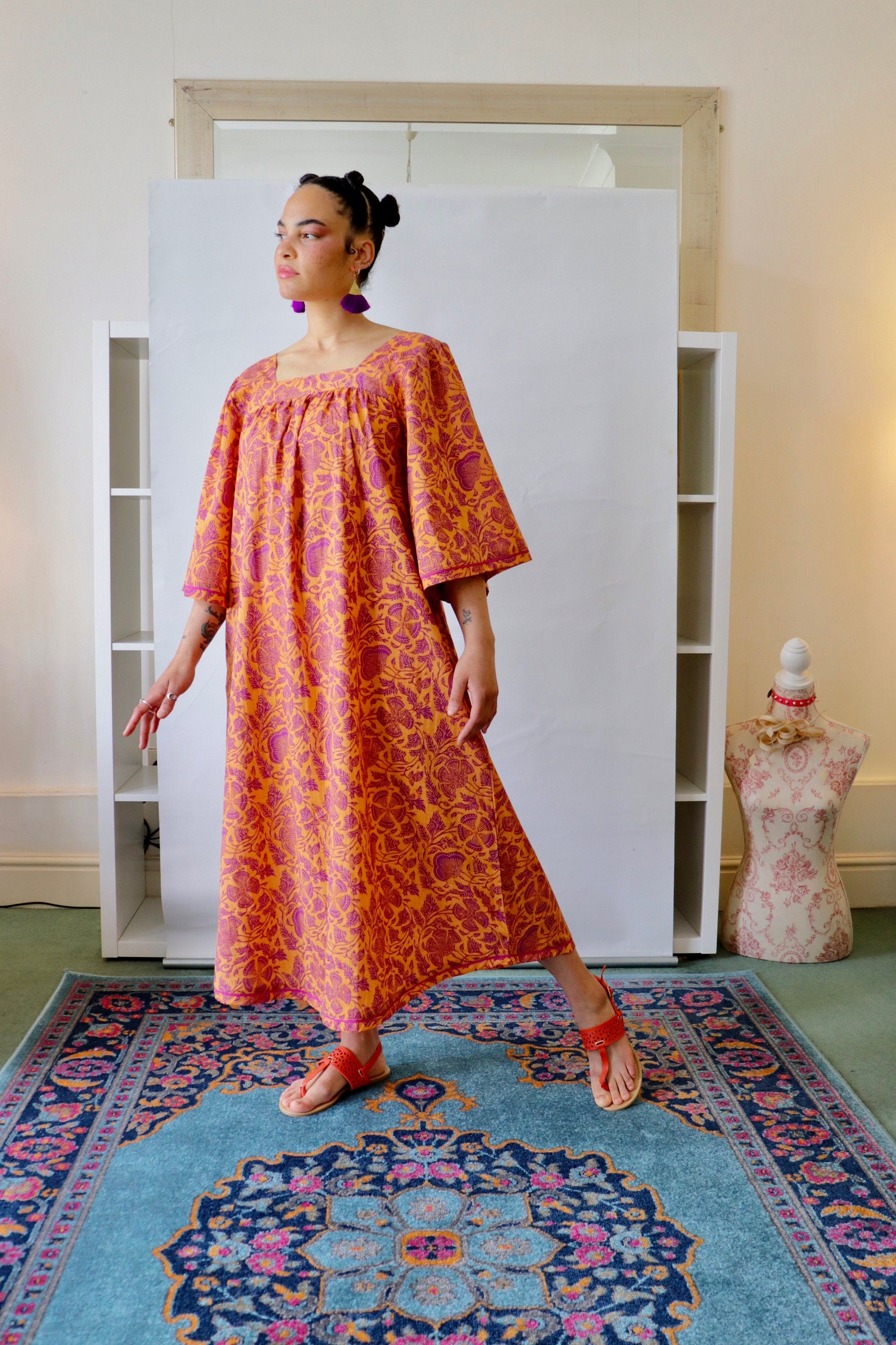 Floral Cotton Summer Dress: Block Print Lounge Dress with Sleeves