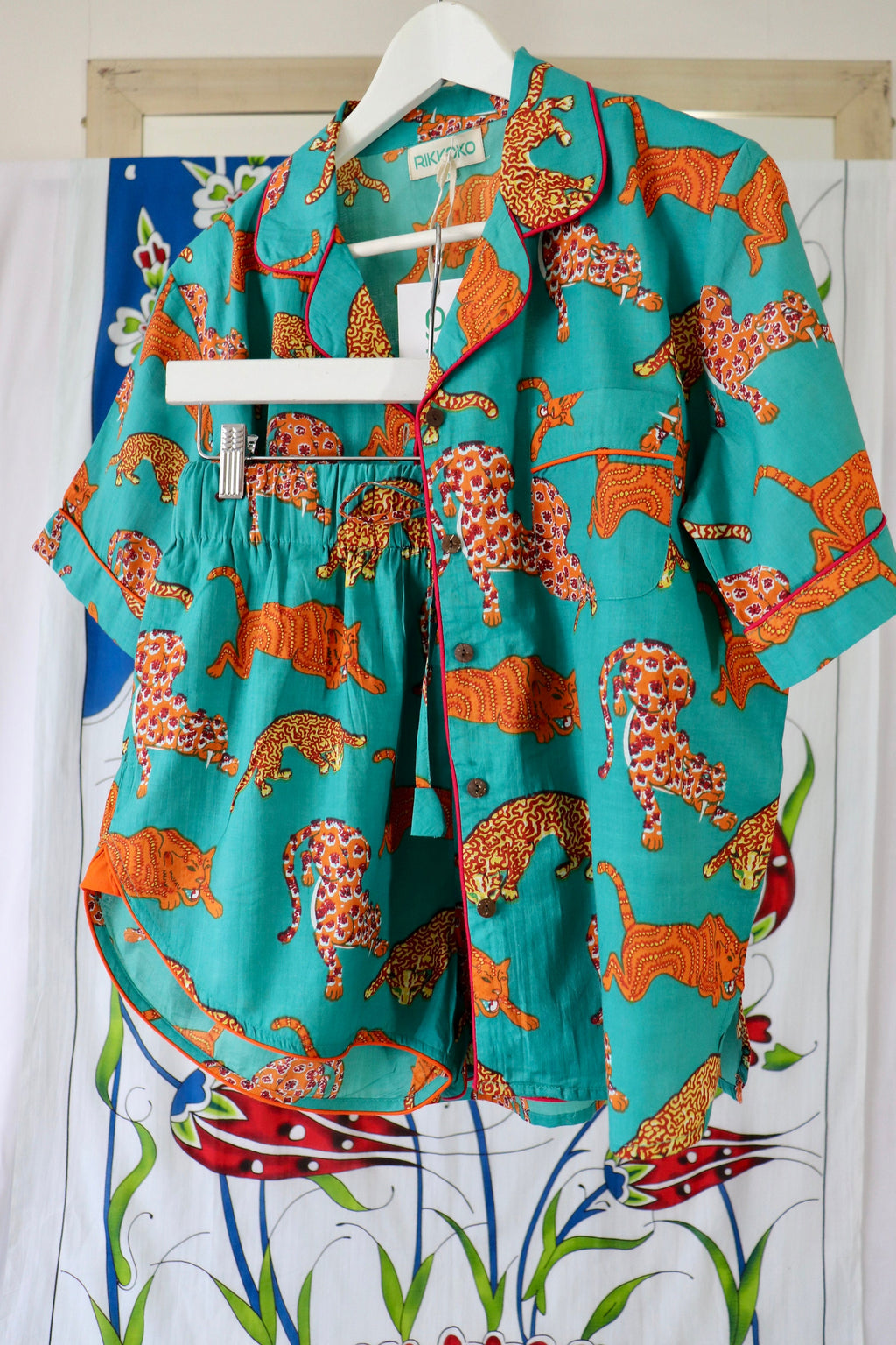 Cotton Pyjama Set: Green Orange Panther Print, Short Sleeve Piped Loungewear