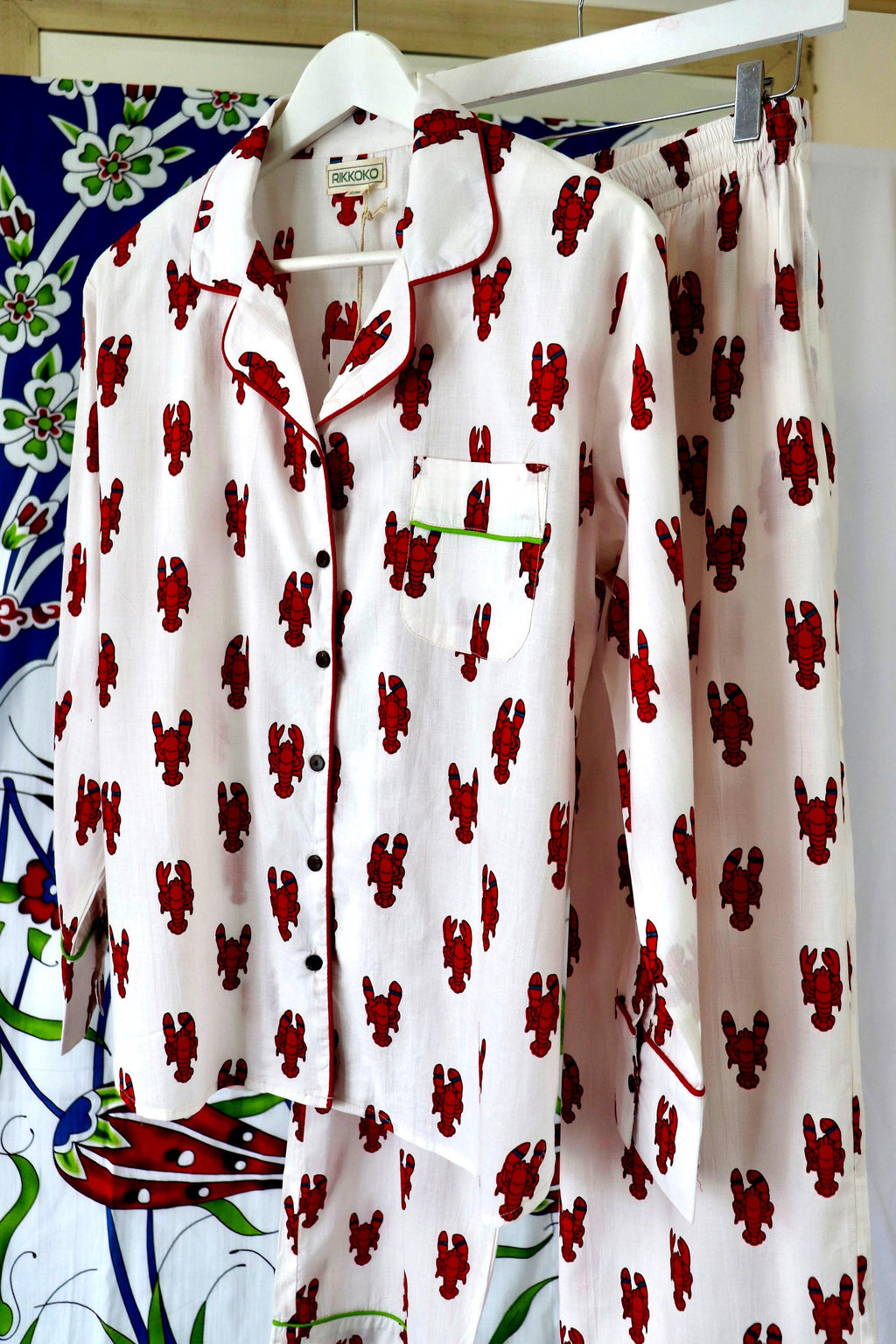Lobster Print Cotton Pyjama Set: Long Sleeve Coastal Loungewear