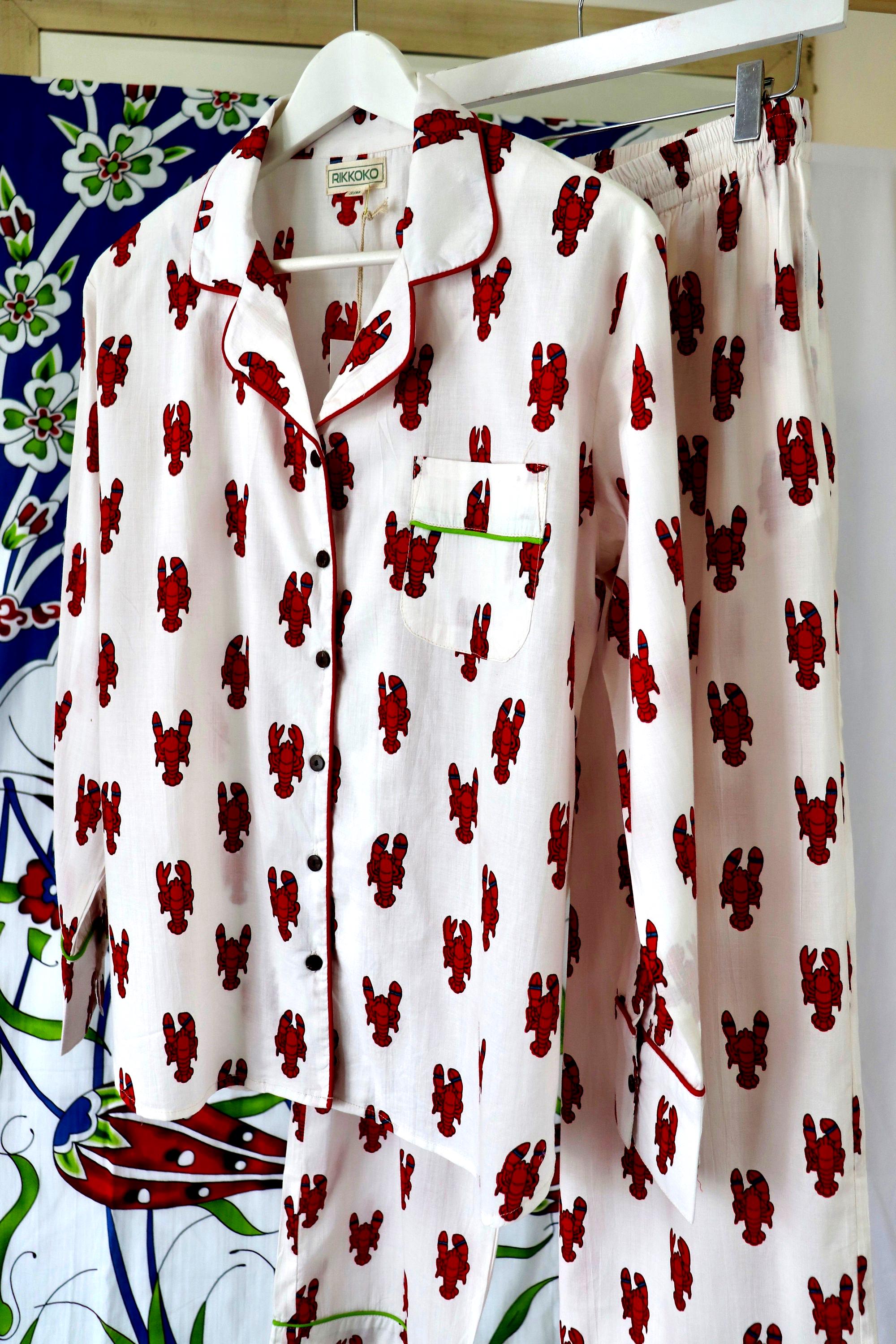 Lobster Print Cotton Pyjama Set: Long Sleeve Coastal Loungewear