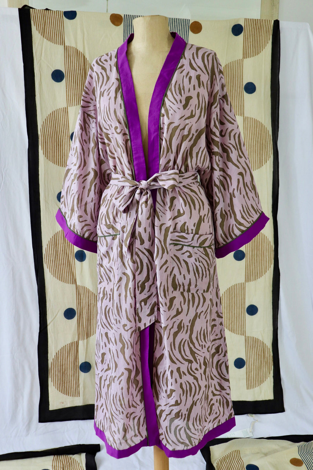 Animal Print Cotton Kimono Robe: Handmade Violet Loungewear