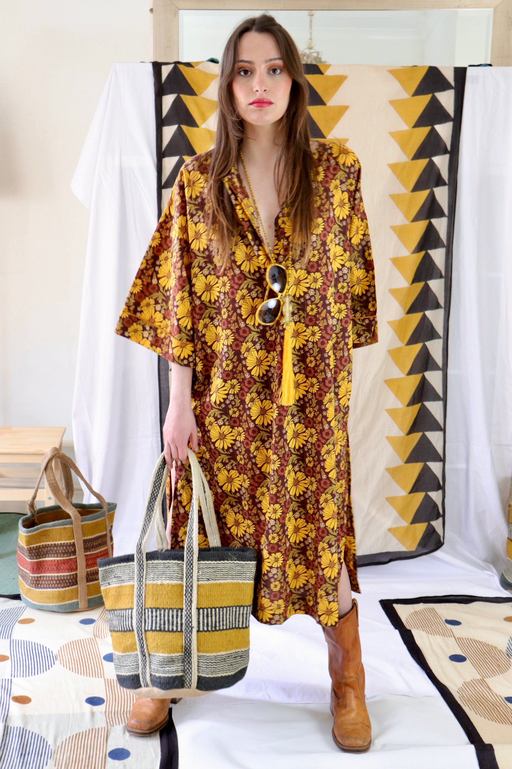 Floral Print Cotton Kaftan Tunic Dress