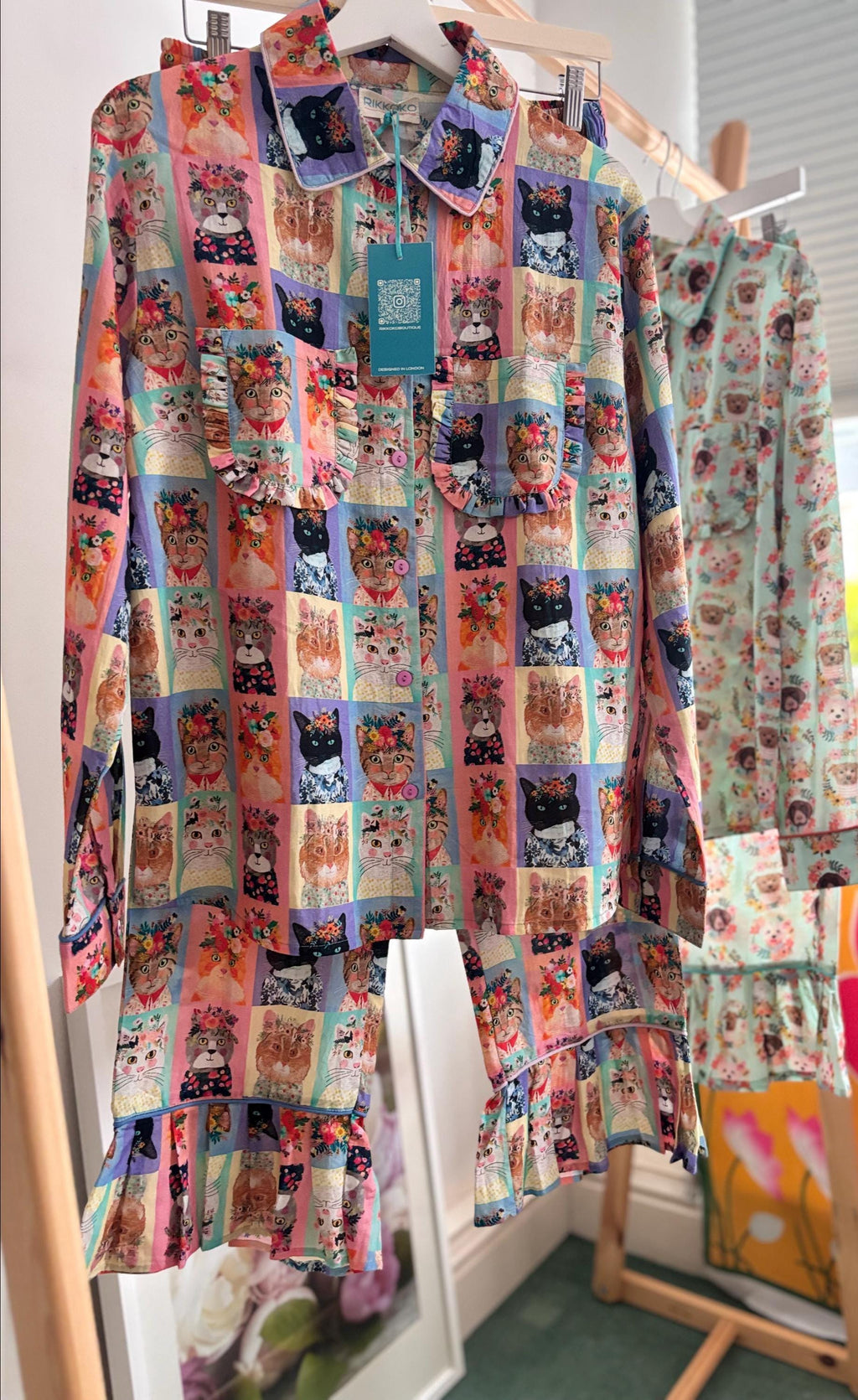 WOMAN Cotton Pyjama Set  Cats Print, with frills on a pastel palette