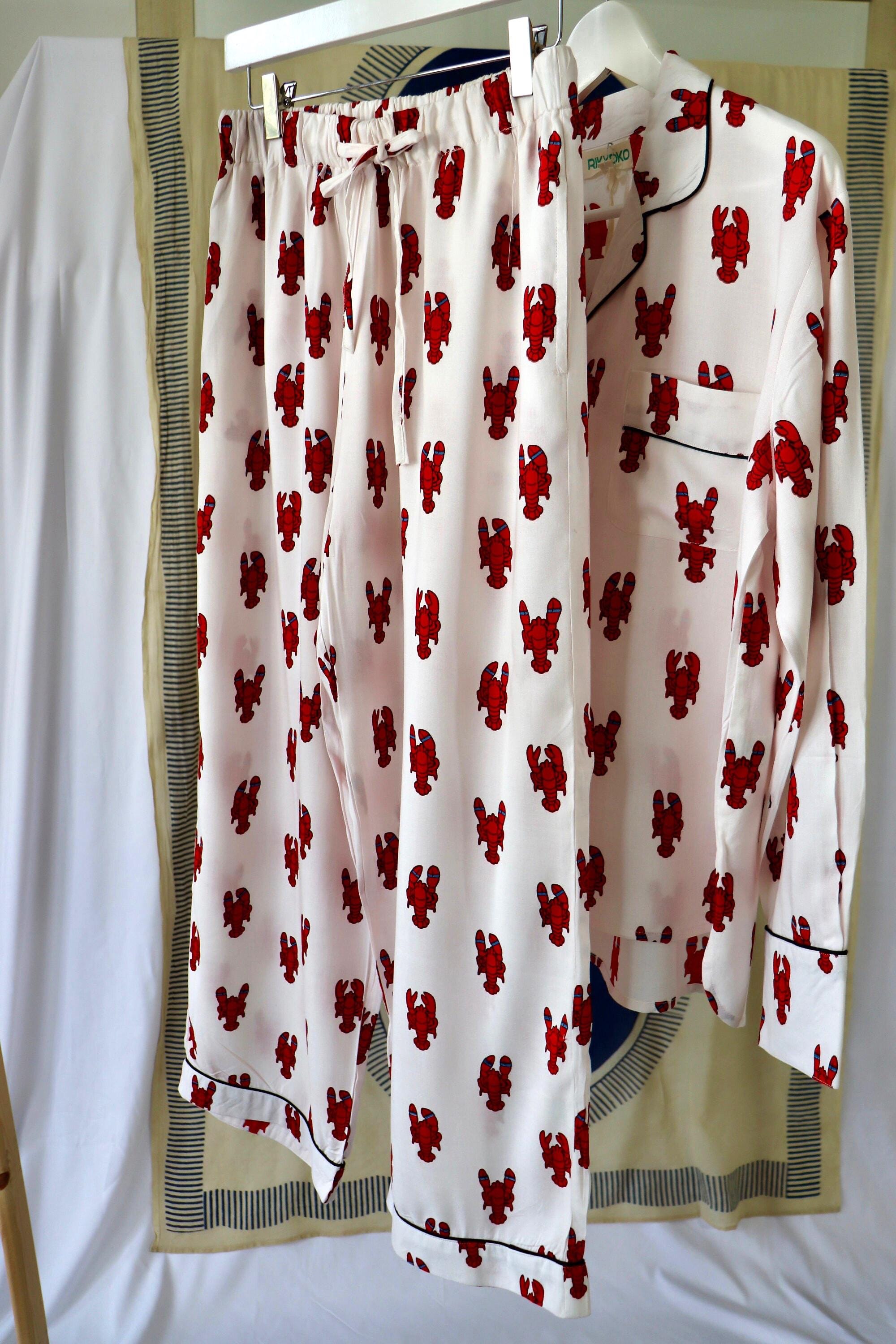Lobster Print Cotton Pajama Set: Short Sleeve Top & Shorts with Piping