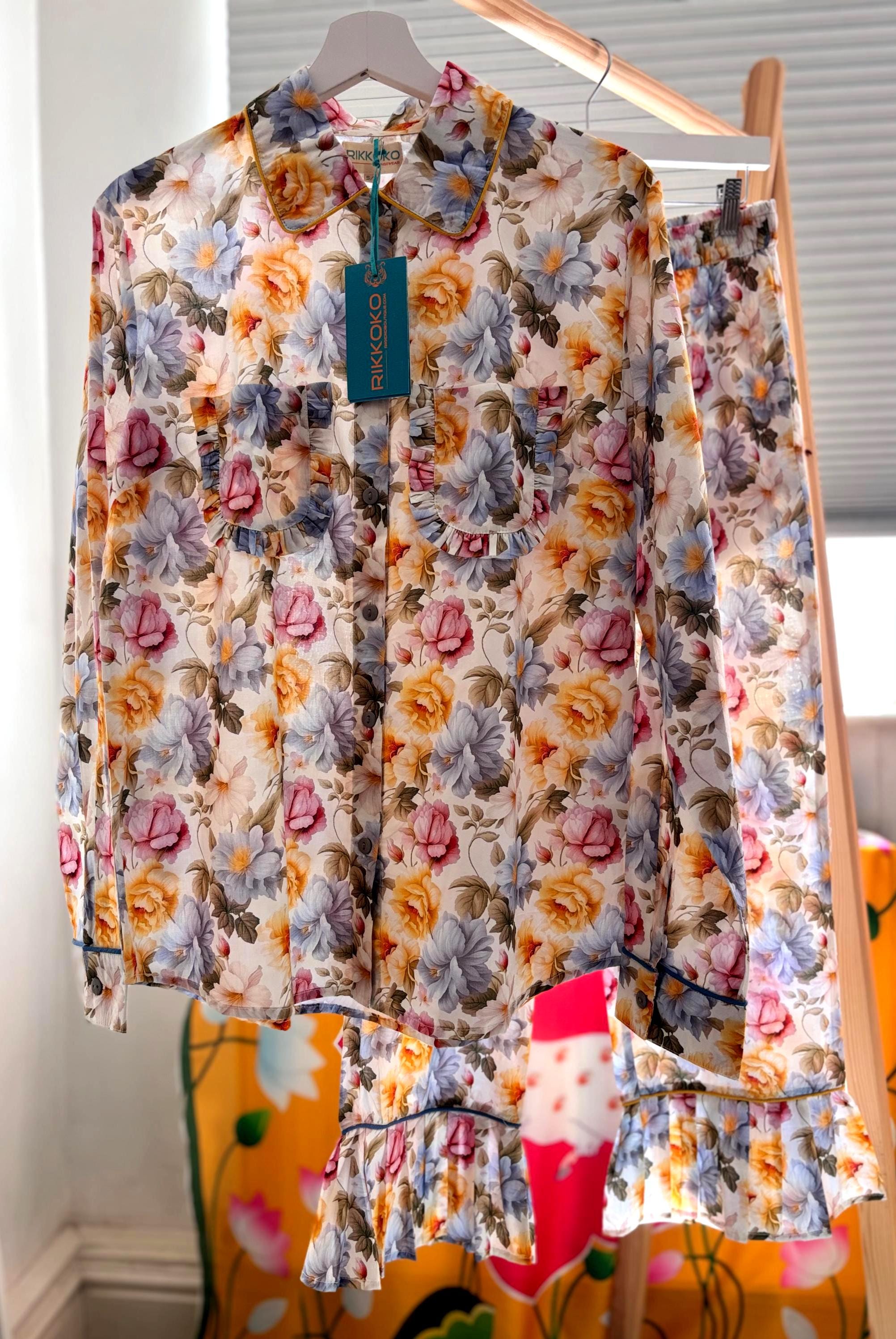 Floral Cotton Pyjama Set: Vintage Style Frills, Sky Blue & Yellow