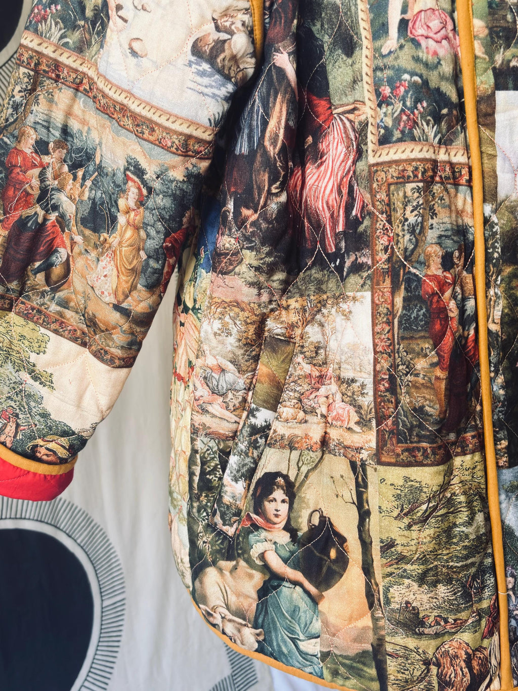 Padded Robe Jacket: Romantic Painting Print, Green/Yellow Piping in cotton and digital print