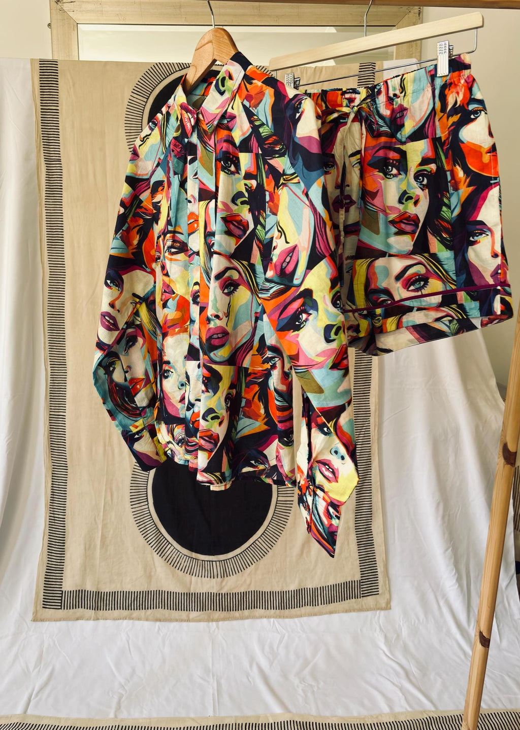 Vintage Floral Print Cotton woman shirt  Sage Green & Orange palette