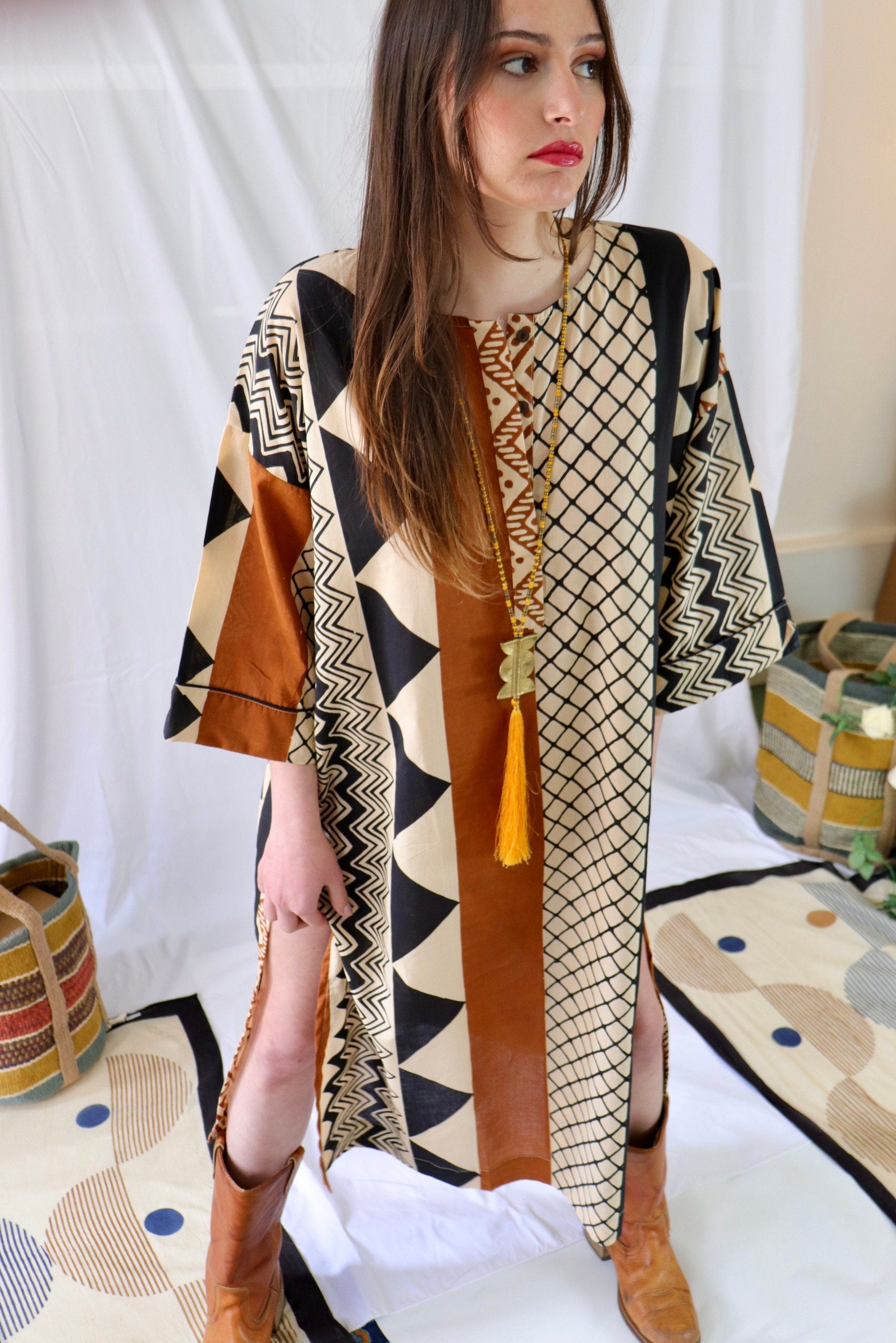 Cotton Kaftan Shirt|dress Floral Print Tunic on a light green and yellow palette