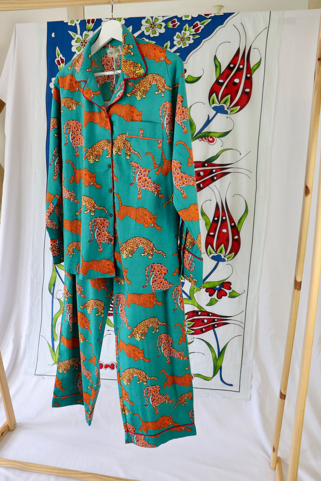 Cotton Pyjama Set: Orange Panther Print, Green Piping