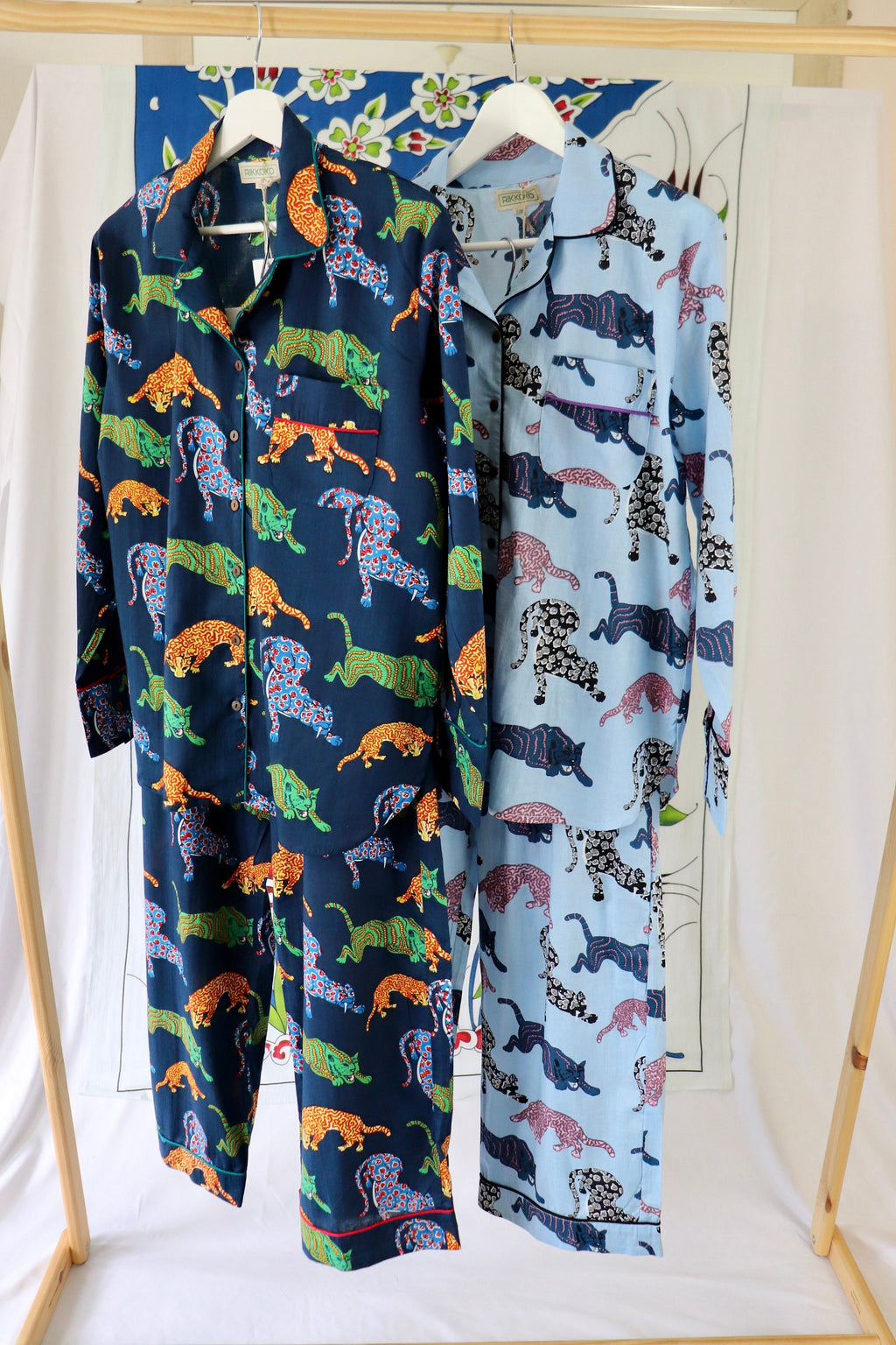 Panther Print Cotton Pajama Set: Blue Long Sleeve Loungewear
