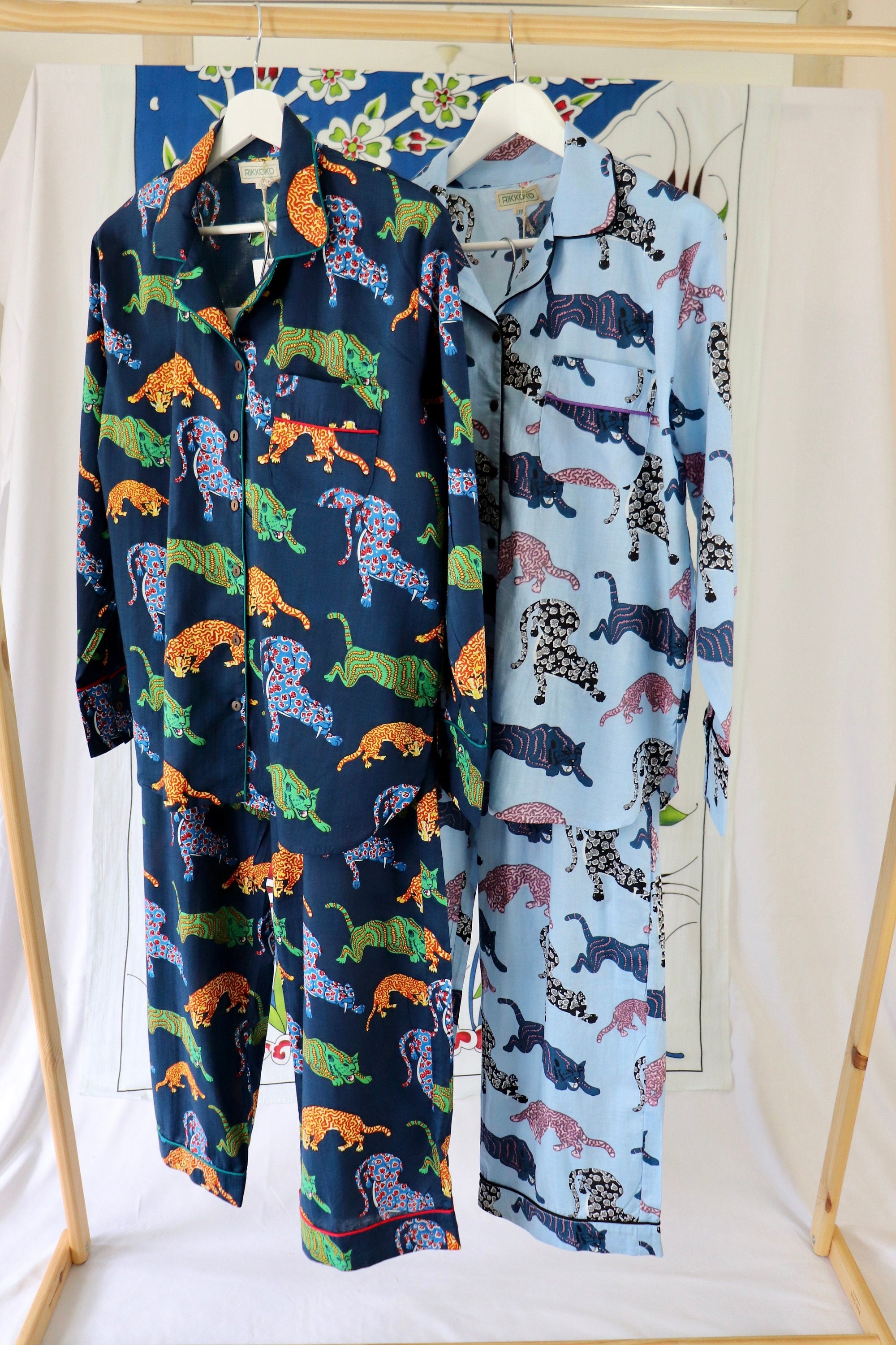 Panther Print Cotton Pajama Set: Blue Long Sleeve Loungewear