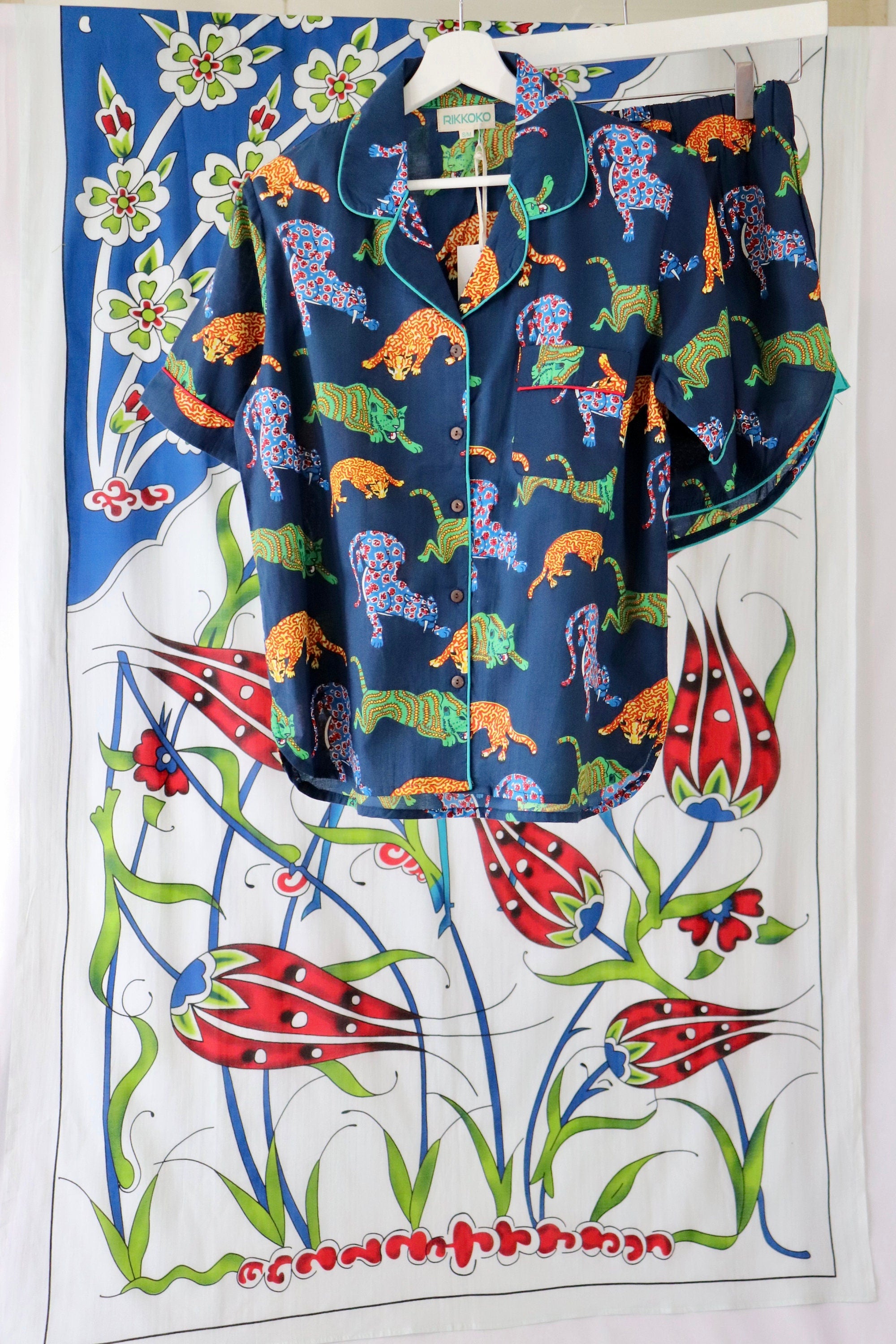 Cotton Pyjama Set: Navy Blue Panther Print, Short Sleeve Loungewear