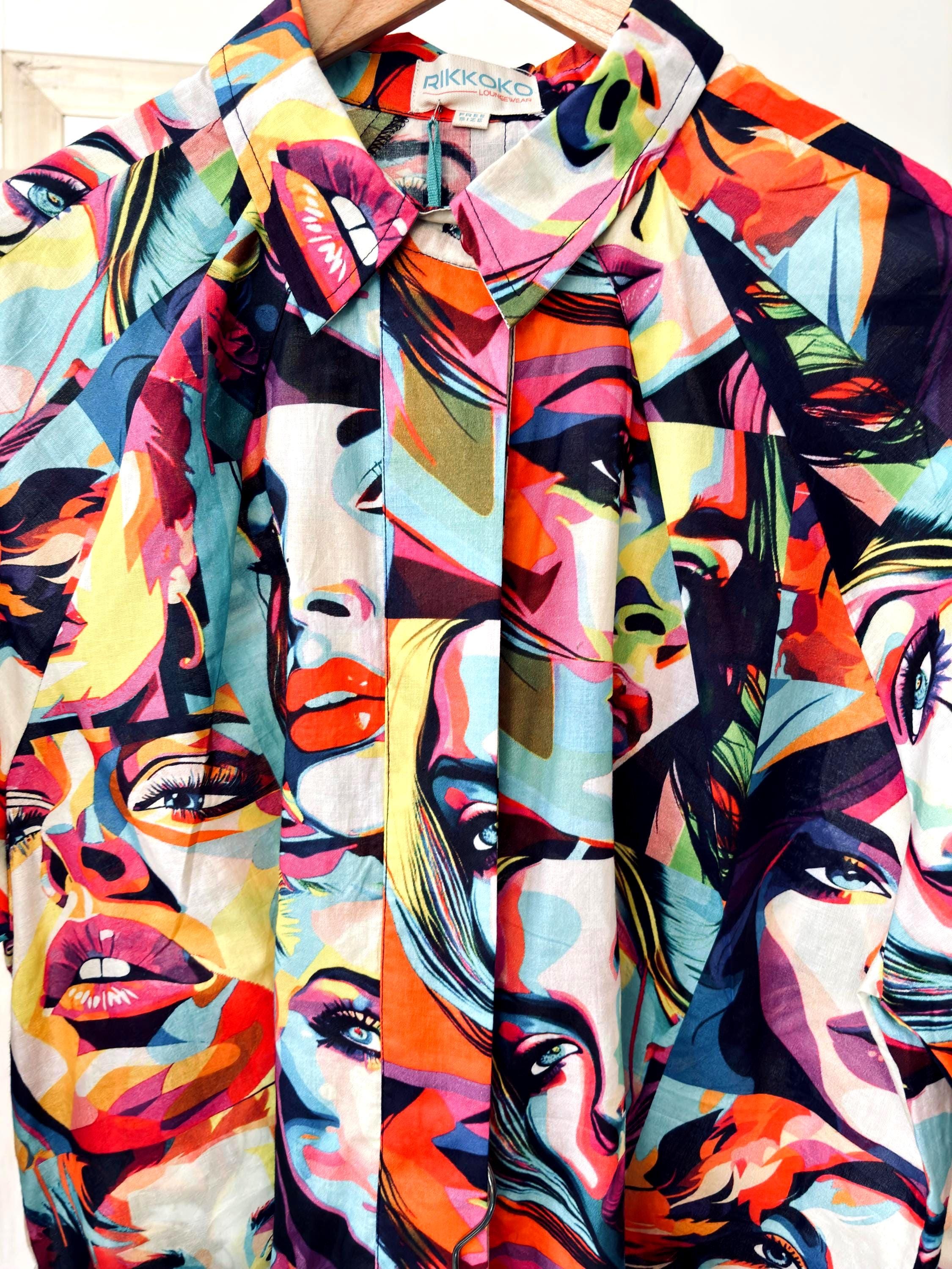 Woman shirt modern style  pop- art print multi-colours woman  in pure cotton